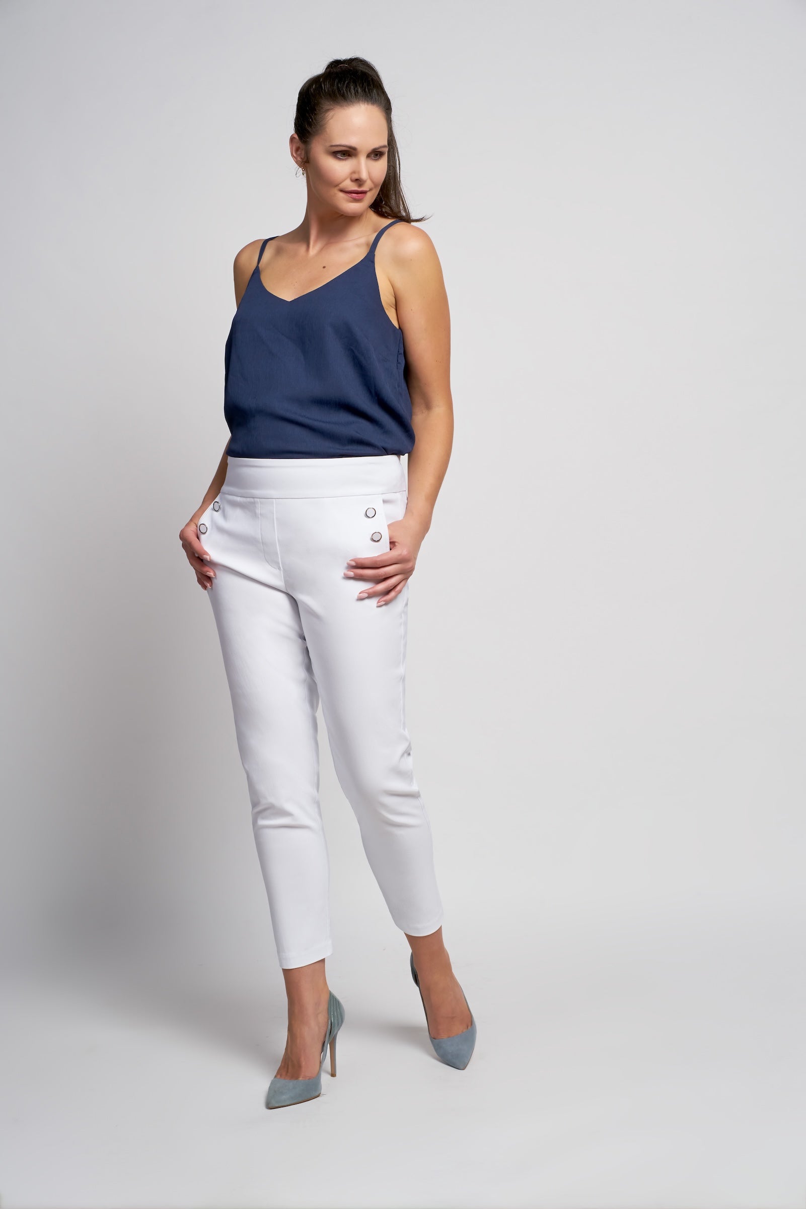 PINNS 579CT white ankle grazer trousers in figure sculpting bengaline with tummy control and side button detail.