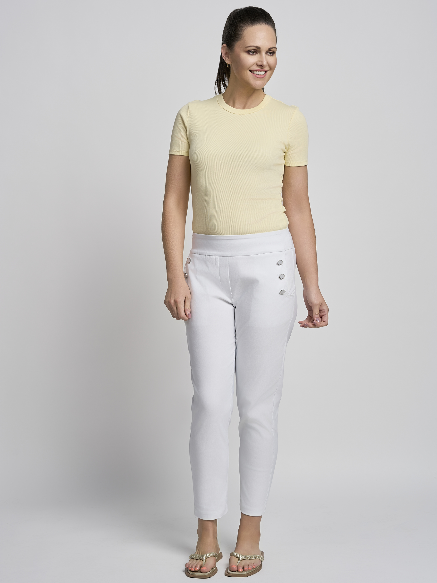 PINNS 579CT white ankle grazer trousers in figure sculpting bengaline with tummy control and side button detail.