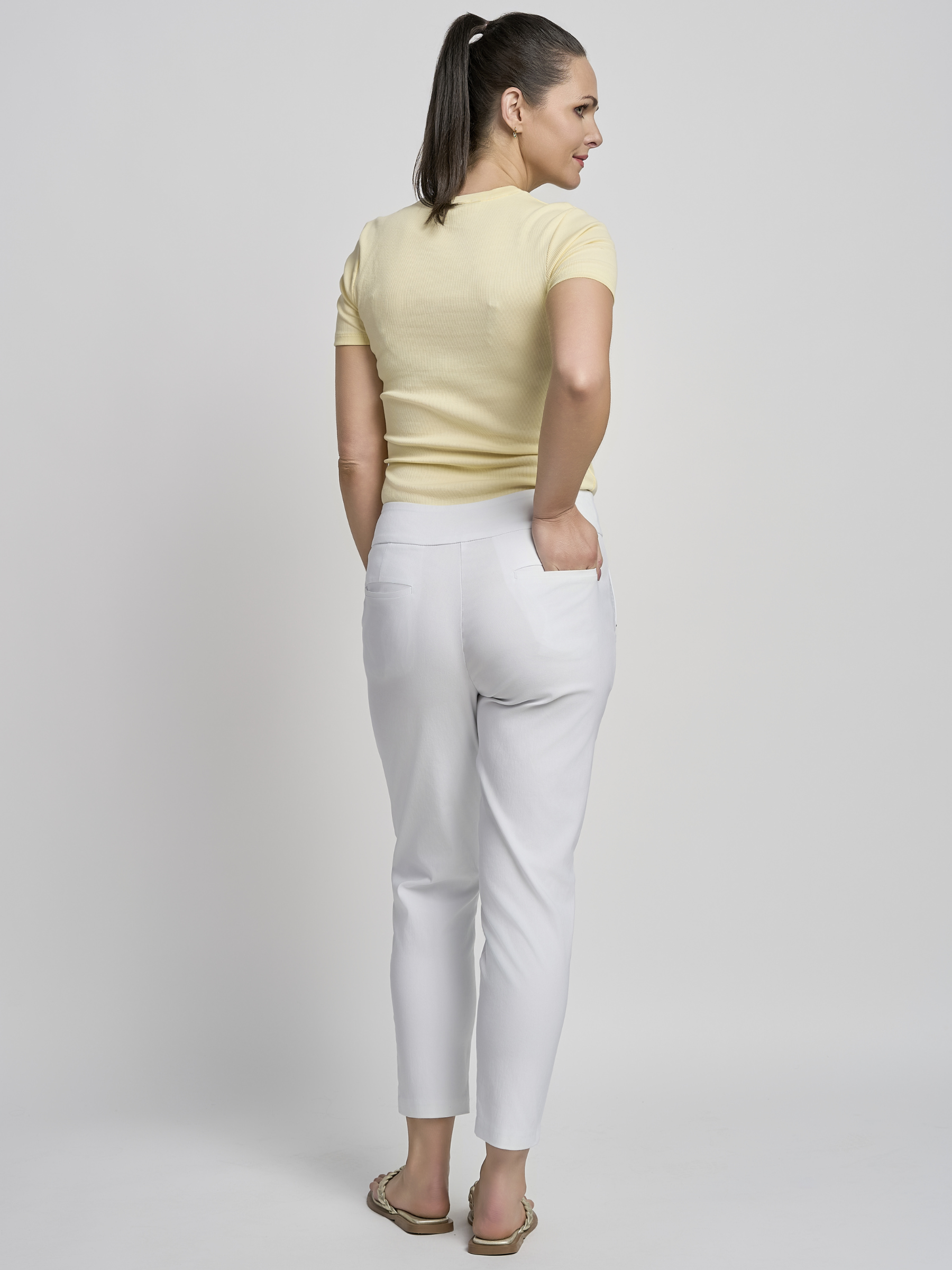 PINNS 579CT white ankle grazer trousers in figure sculpting bengaline with tummy control and side button detail.