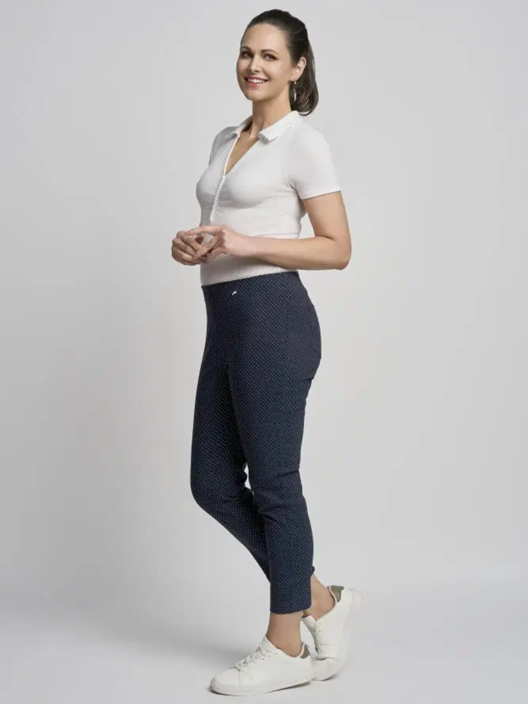 PINNS 302CT navy polkadot slim leg bengaline ankle grazer trousers for women stretch printed trousers.