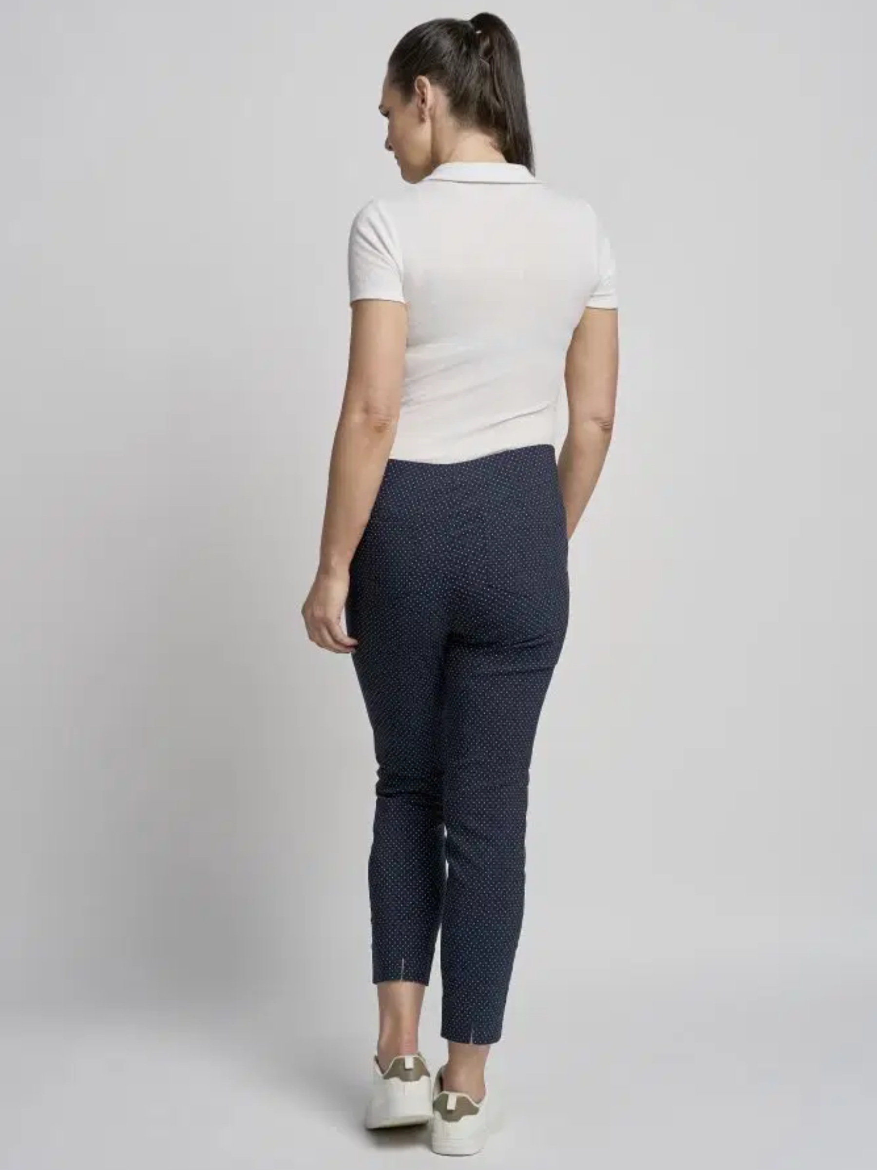 PINNS 302CT navy polkadot slim leg bengaline ankle grazer trousers for women stretch printed trousers.