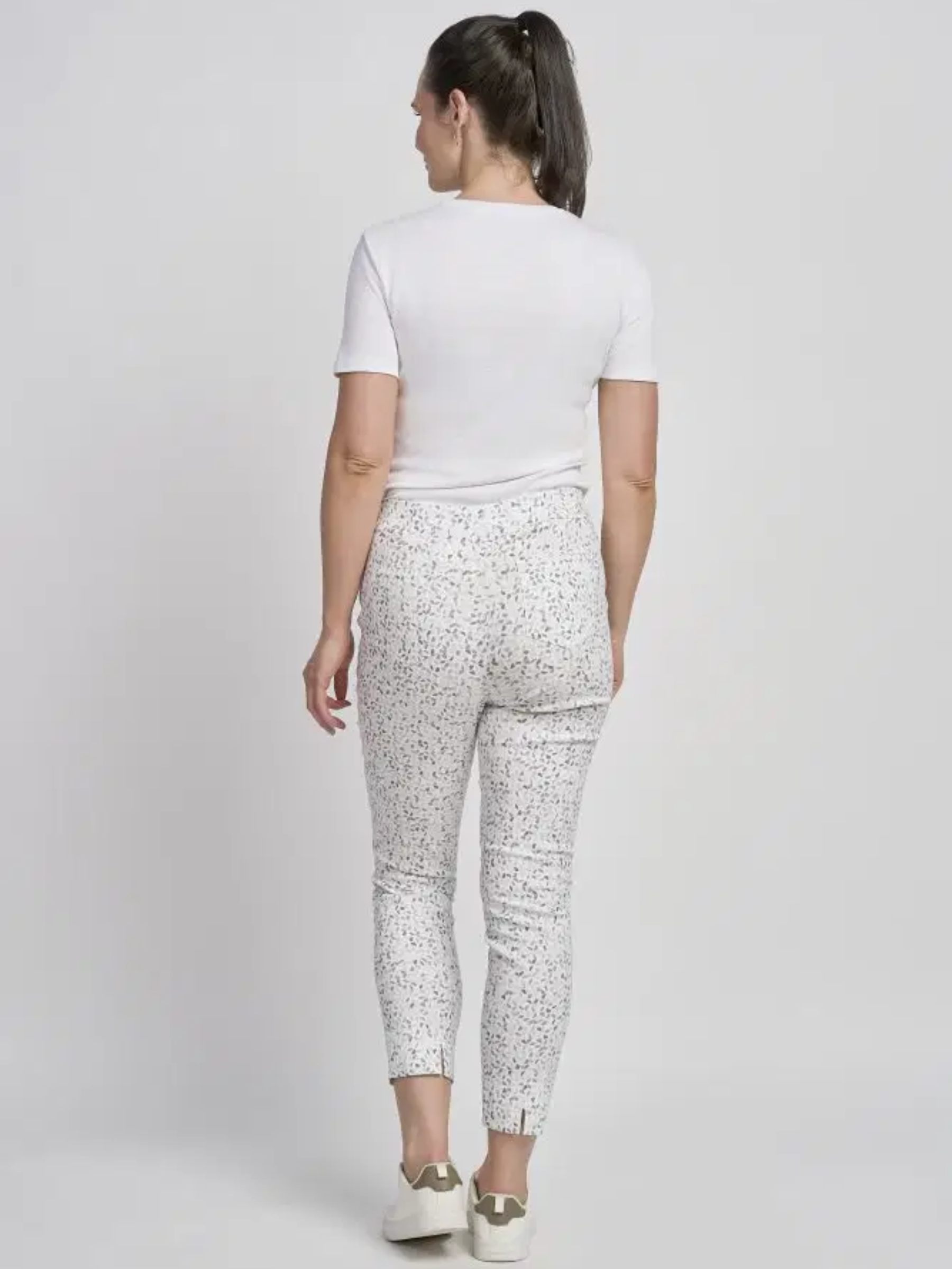 PINNS 302CT silver white speckle slim leg bengaline ankle grazer trousers for women stretch printed trousers.
