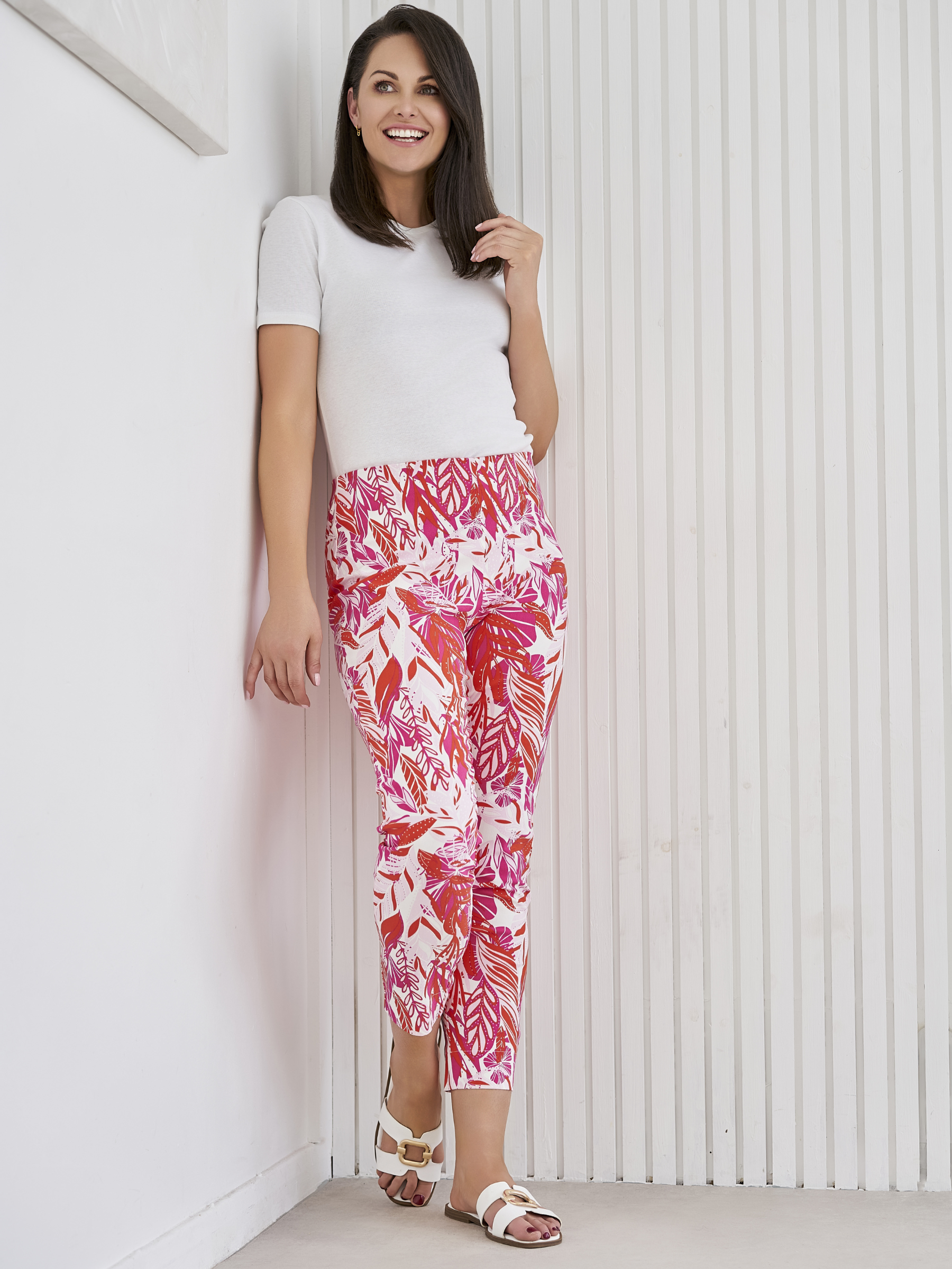 PINNS 302CT tropical paradise slim leg bengaline ankle grazer trousers for women pink tropical print stretch trousers.