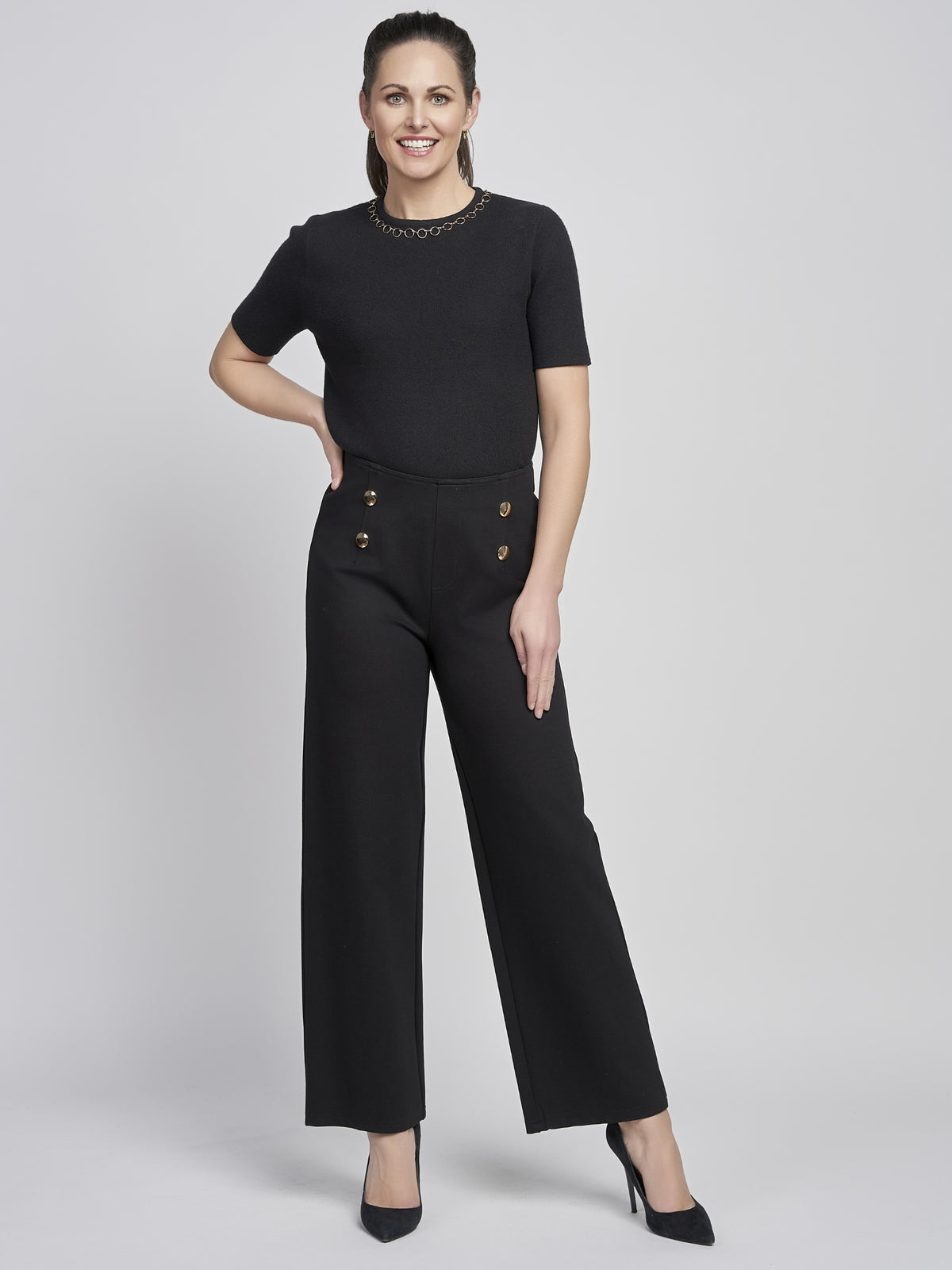 PINNS 610T Wide Leg Trousers with high-rise waist, decorative front buttons and full-length wide leg silhouette.