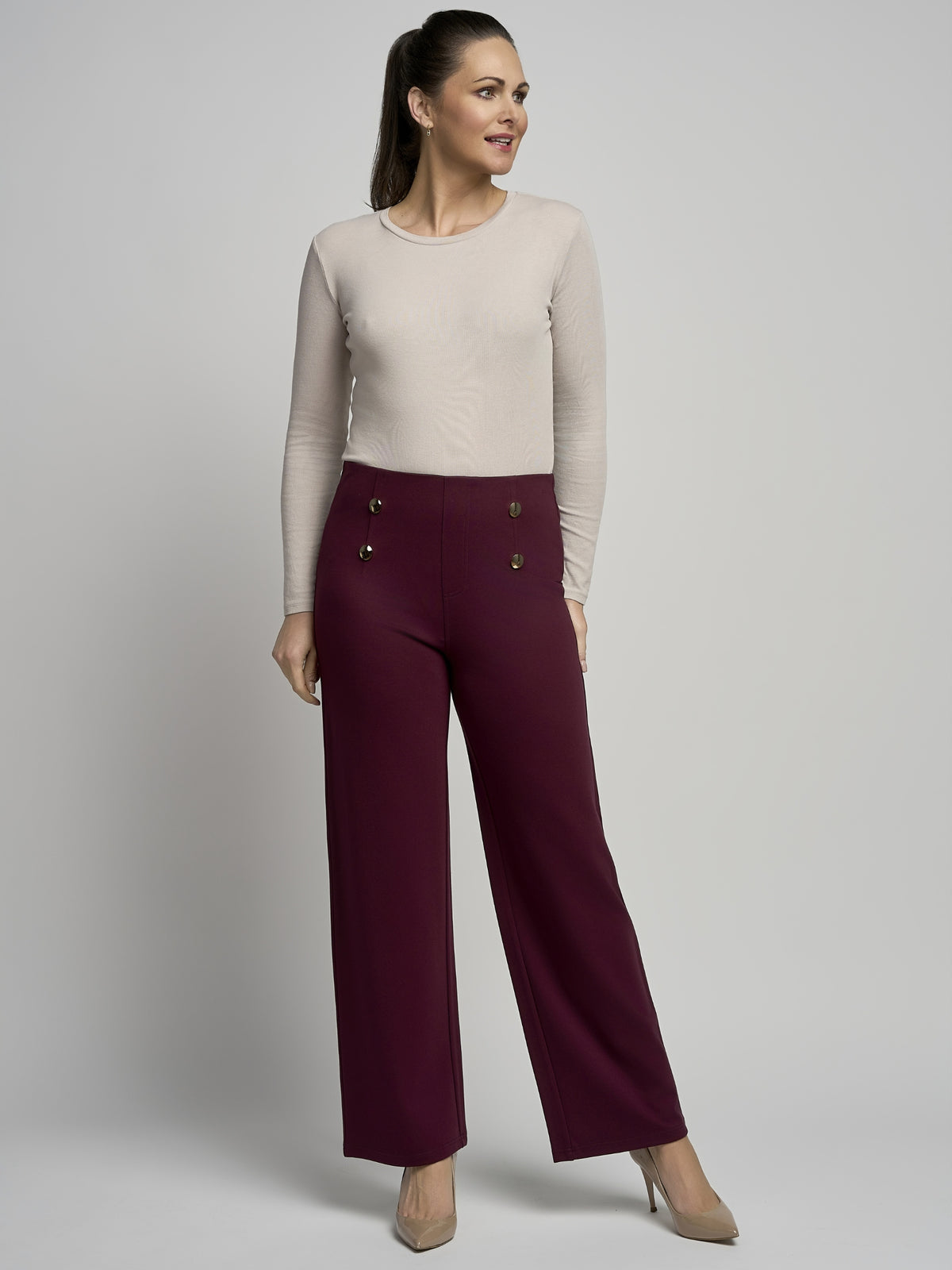 PINNS 610T Wide Leg Trousers with high-rise waist, decorative front buttons and full-length wide leg silhouette.