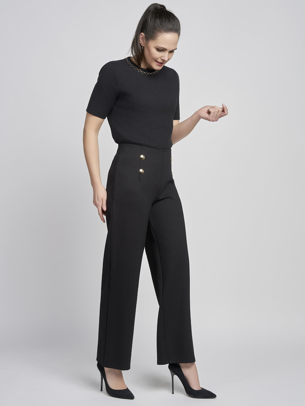 PINNS 610T Wide Leg Trousers with high-rise waist, decorative front buttons and full-length wide leg silhouette.