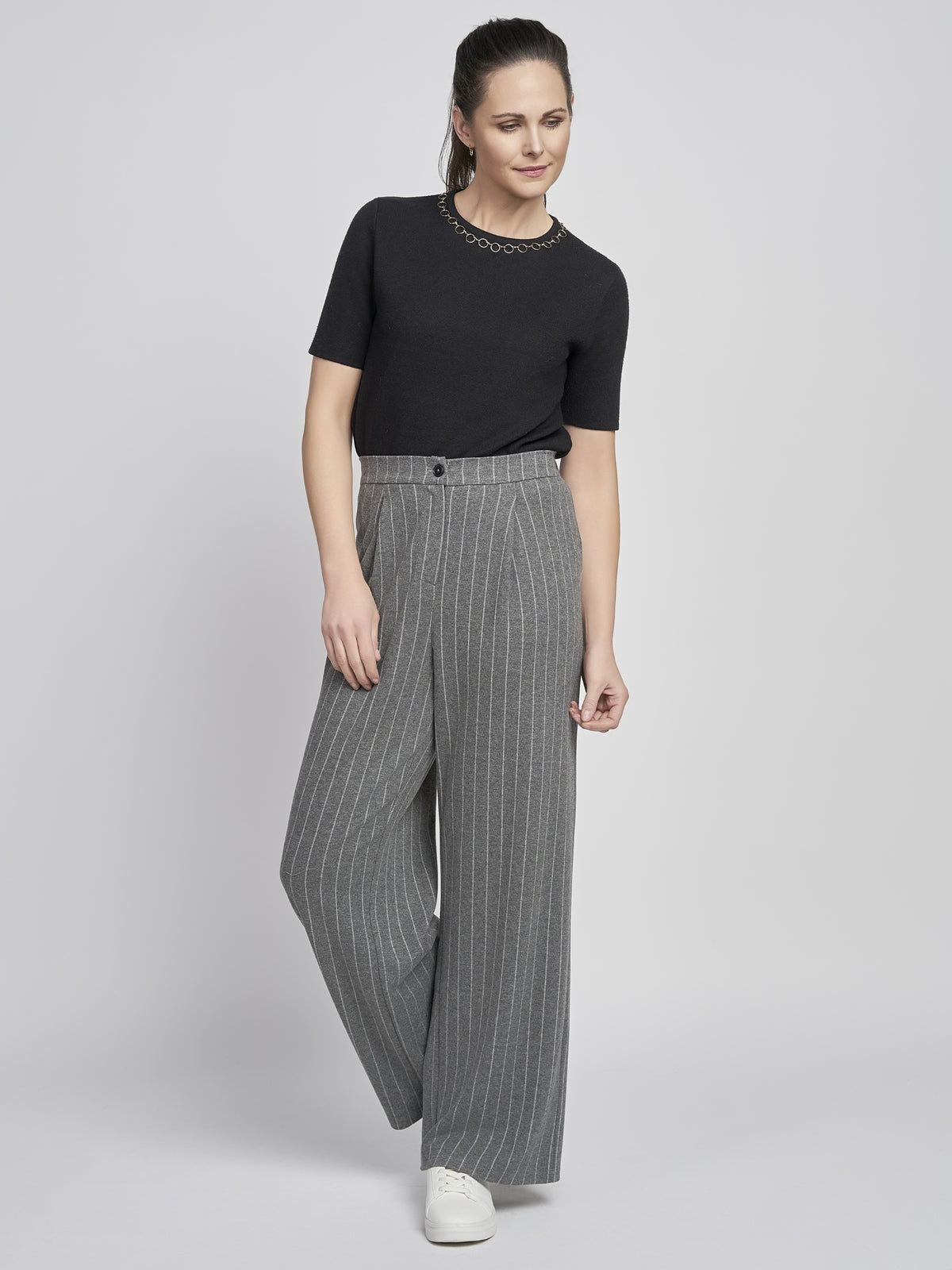 PINNS 697T Grey Stripe Wide Leg trousers with pinstripe pattern, structured waistband and full-length wide leg silhouette.