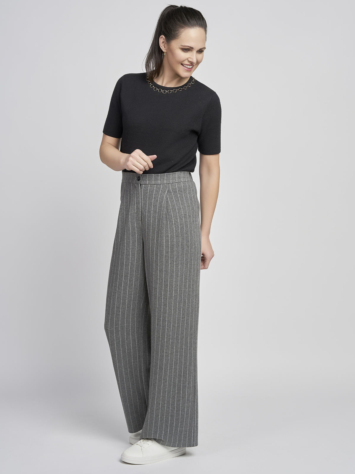 PINNS 697T Grey Stripe Wide Leg trousers with pinstripe pattern, structured waistband and full-length wide leg silhouette.