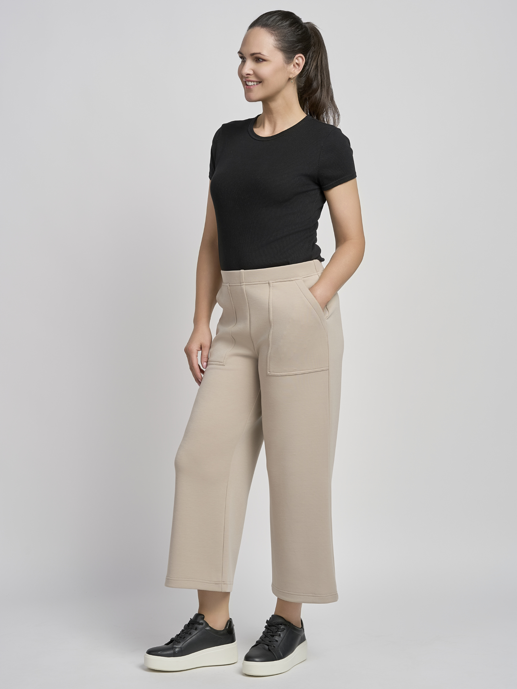 PINNS 727C Café Latte Wide Leg Culotte with high-rise waistband, wide cropped leg and front patch pocket detailing.