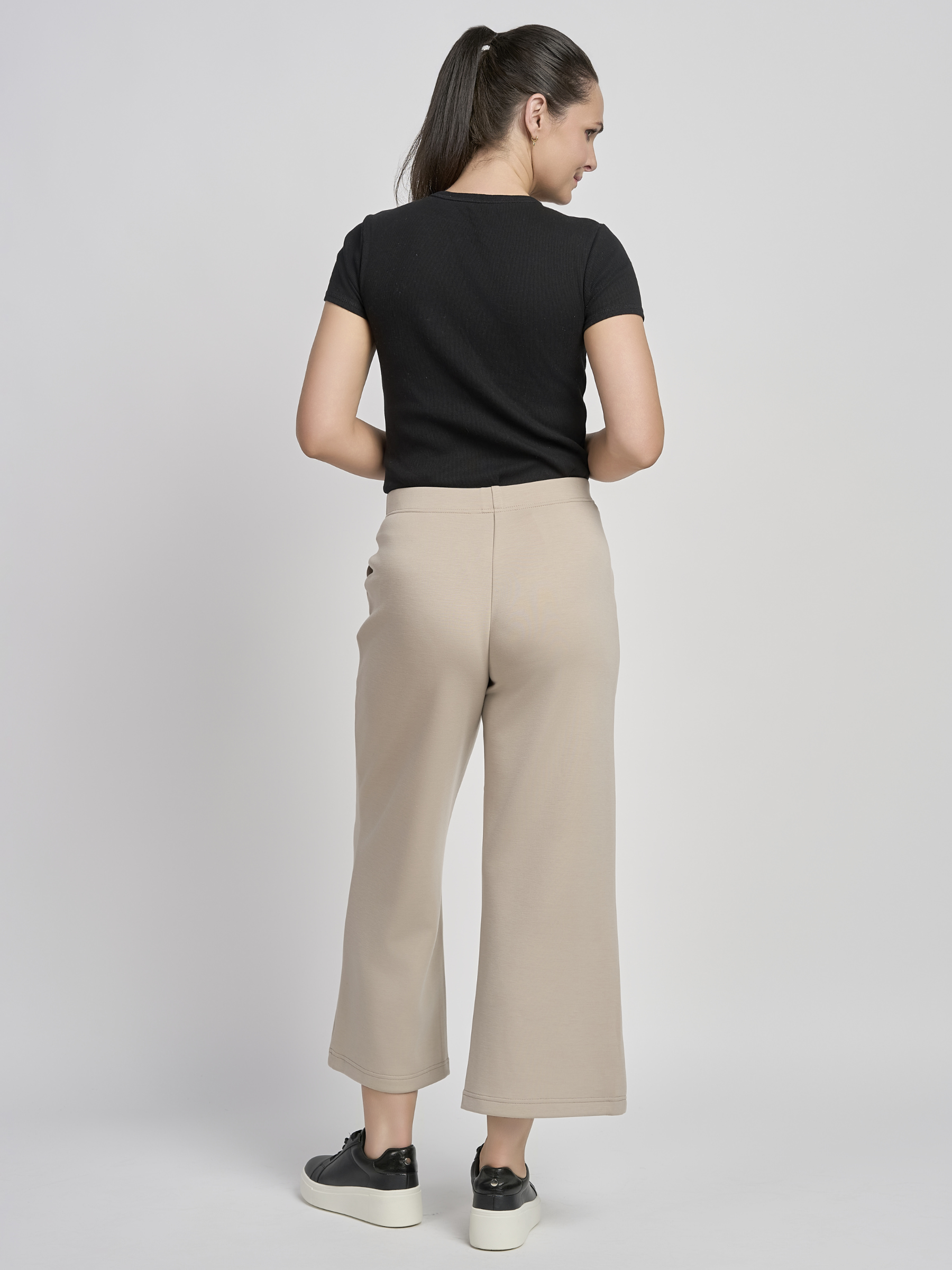 PINNS 727C Café Latte Wide Leg Culotte with high-rise waistband, wide cropped leg and front patch pocket detailing.