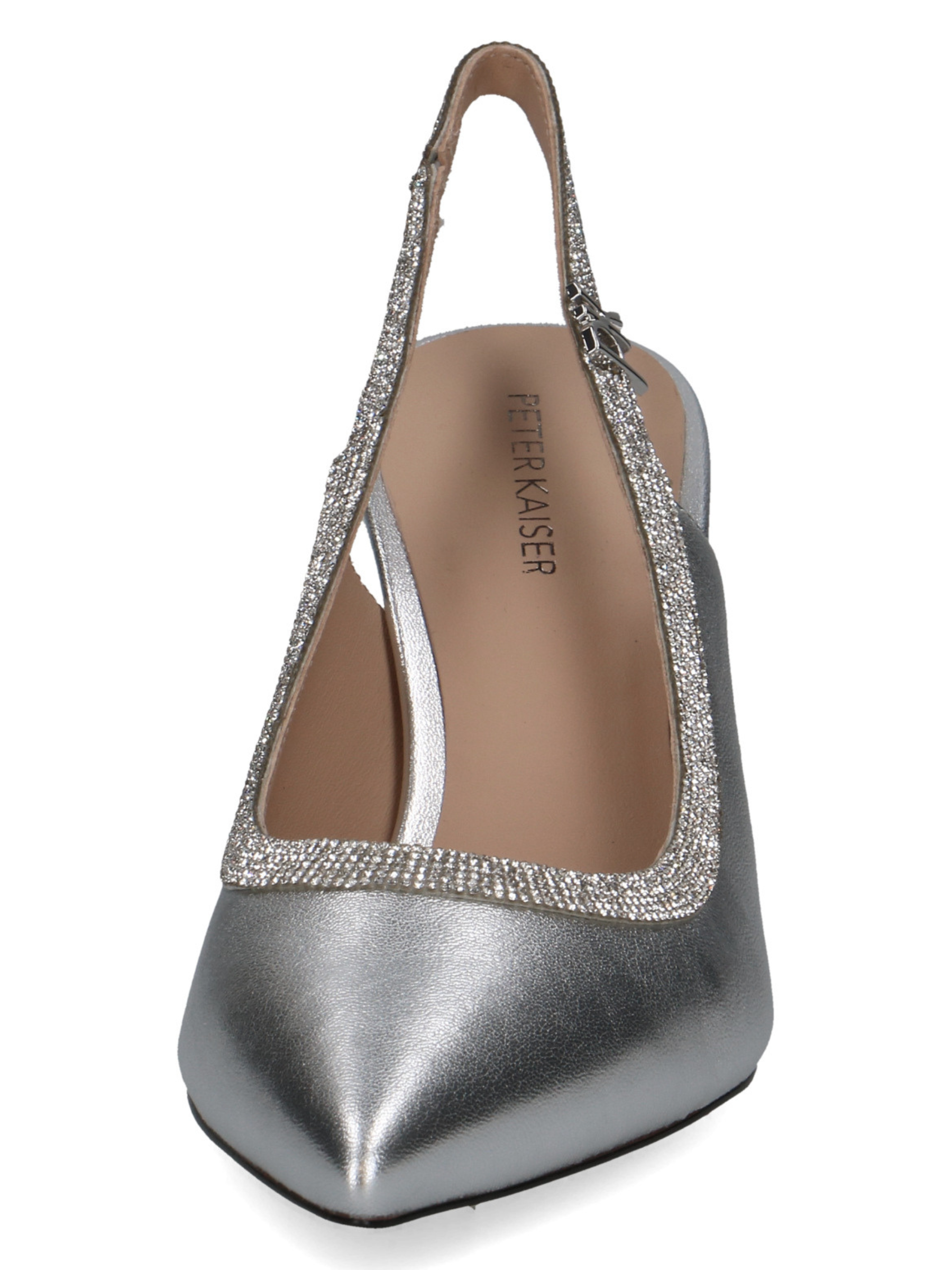 Peter Kaiser 79641 941 silver leather women’s slingback heels with pointed toe, crystal trim and 78mm stiletto heel