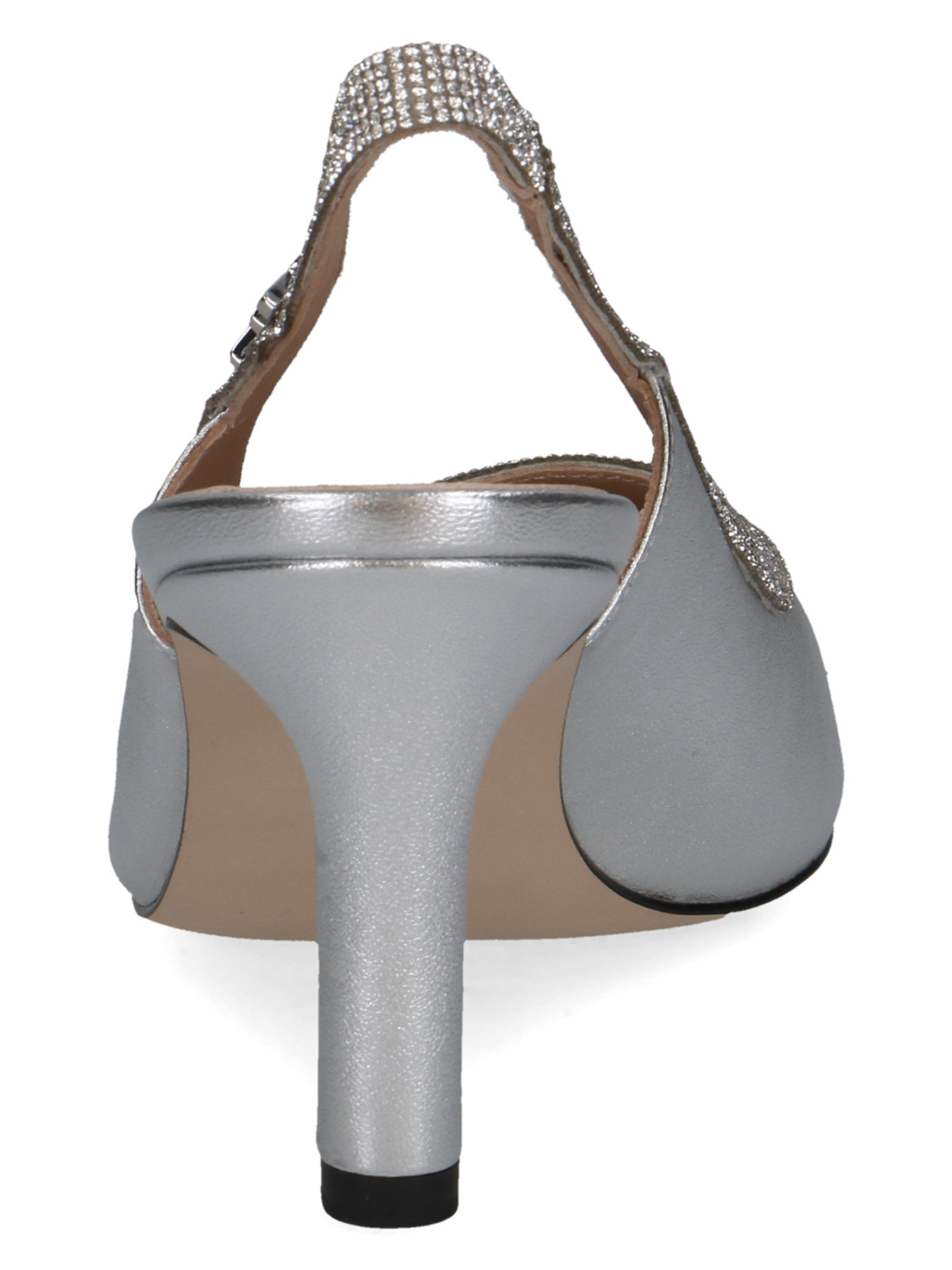 Peter Kaiser 79641 941 silver leather women’s slingback heels with pointed toe, crystal trim and 78mm stiletto heel