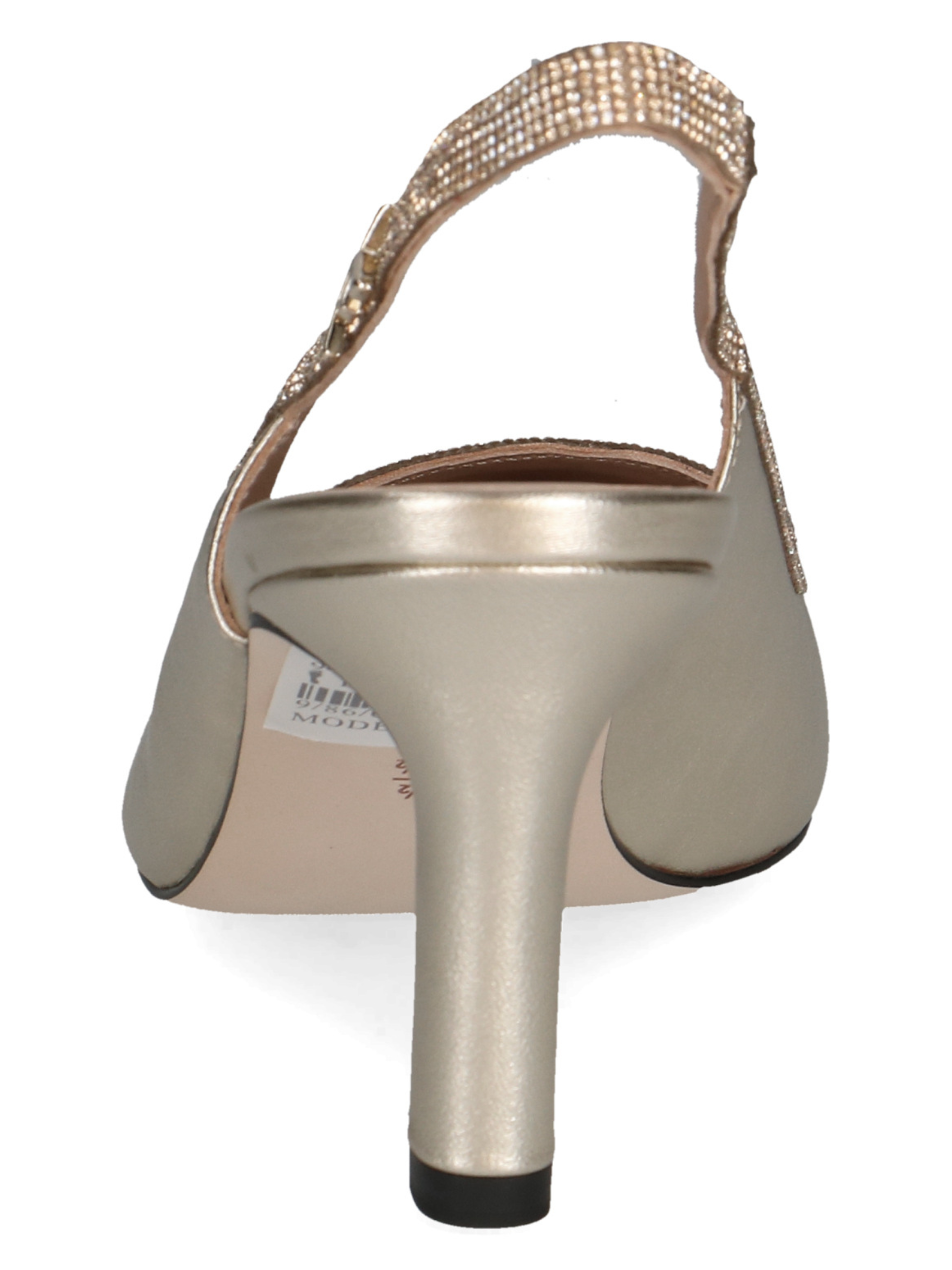 Peter Kaiser 79641 947 gold leather women’s slingback heels with pointed toe, crystal trim and 78mm stiletto heel.