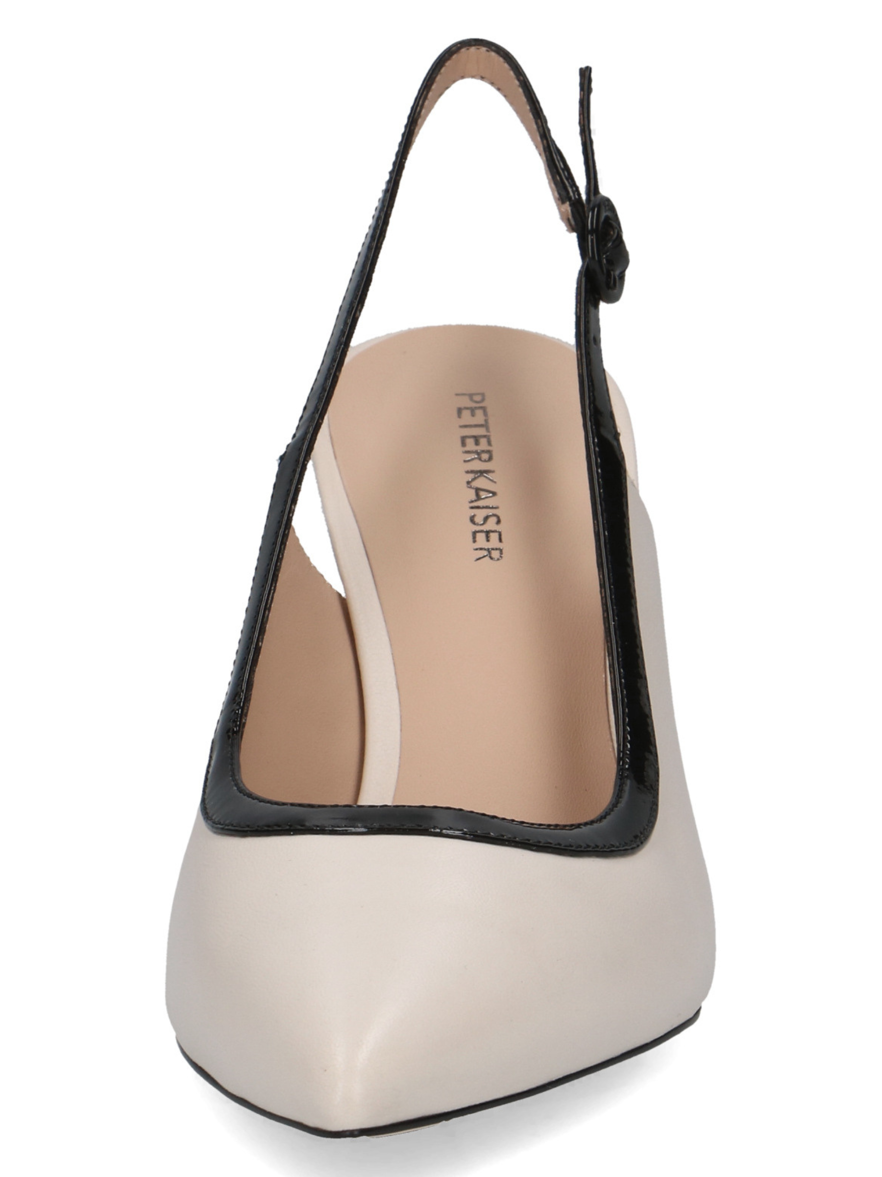 Peter Kaiser 79640 13D off white and black leather women’s slingback heels with pointed toe, buckle fastening and 78mm stiletto heel.