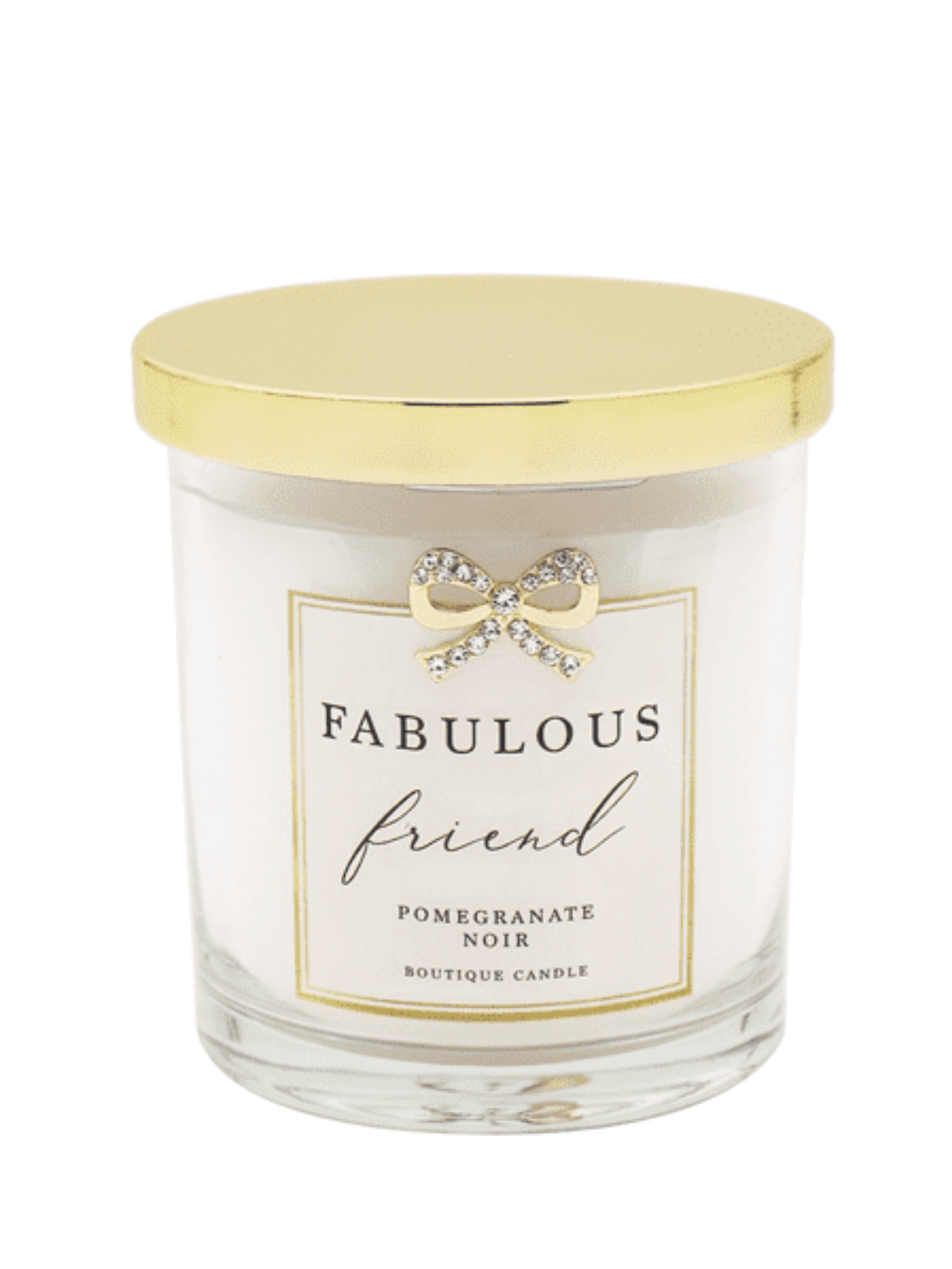 QB25 CAN2 Fabulous Friend Pomegranate Noir Candle with gold diamanté bow and luxury Pomegranate Noir fragrance, hand-poured soy wax in elegant gift packaging.