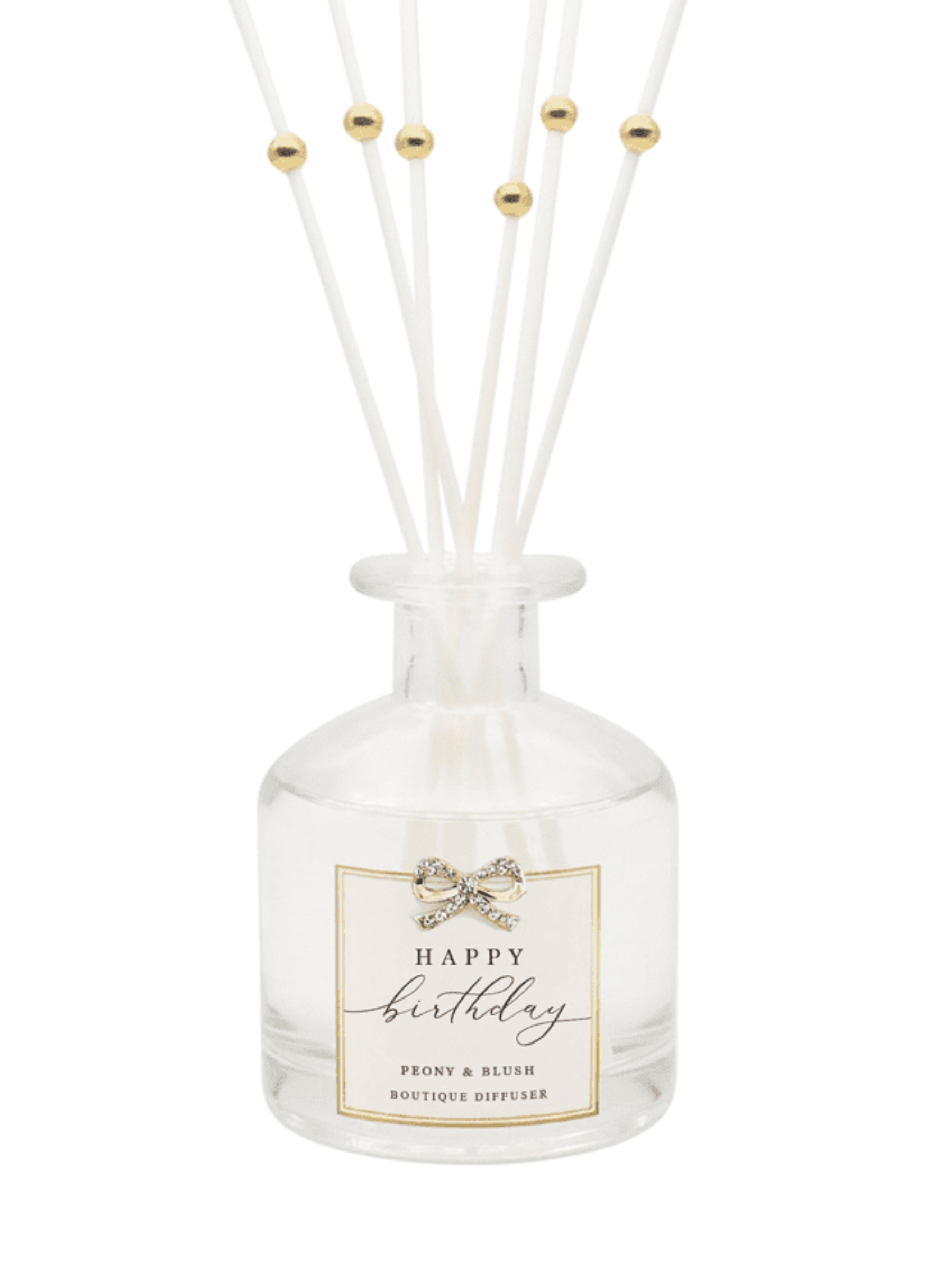 QB25 DIF10 Happy Birthday Peony & Blush Diffuser – luxury home fragrance diffuser with Peony & Blush scent, gold diamanté bow, and boutique-style gift box. Perfect birthday home gift.