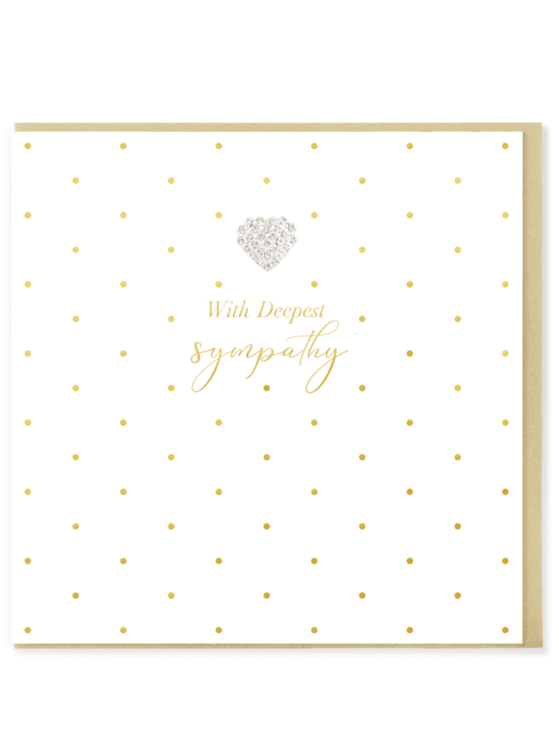 QB25 MD91 With Deepest Sympathy Card with scattered gold foil dots, gold script sentiment and diamanté heart embellishment.