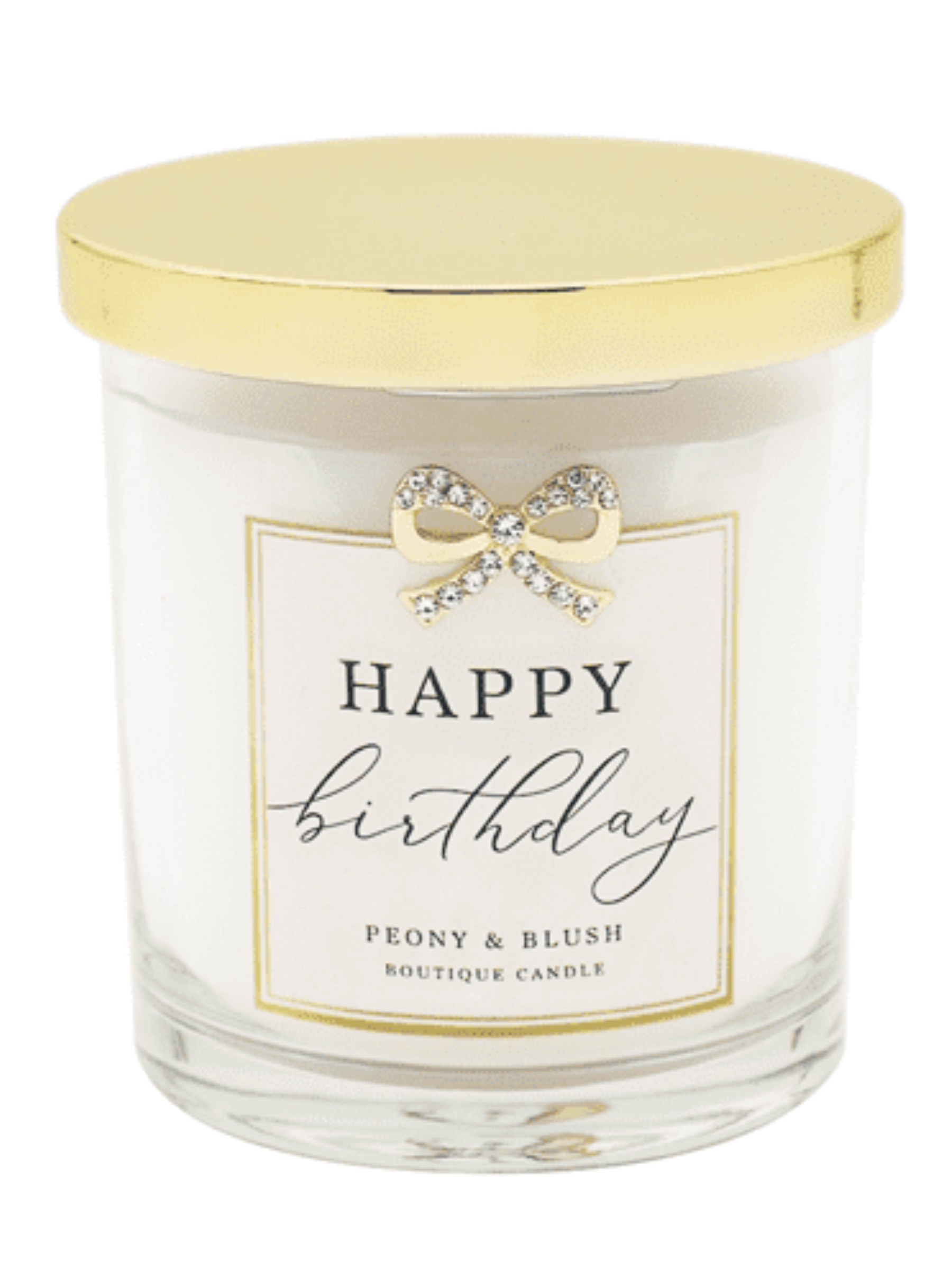 QB26 CAN10 Happy Birthday Peony & Blush soy wax candle in glass jar with gold diamanté bow and matching gift box.