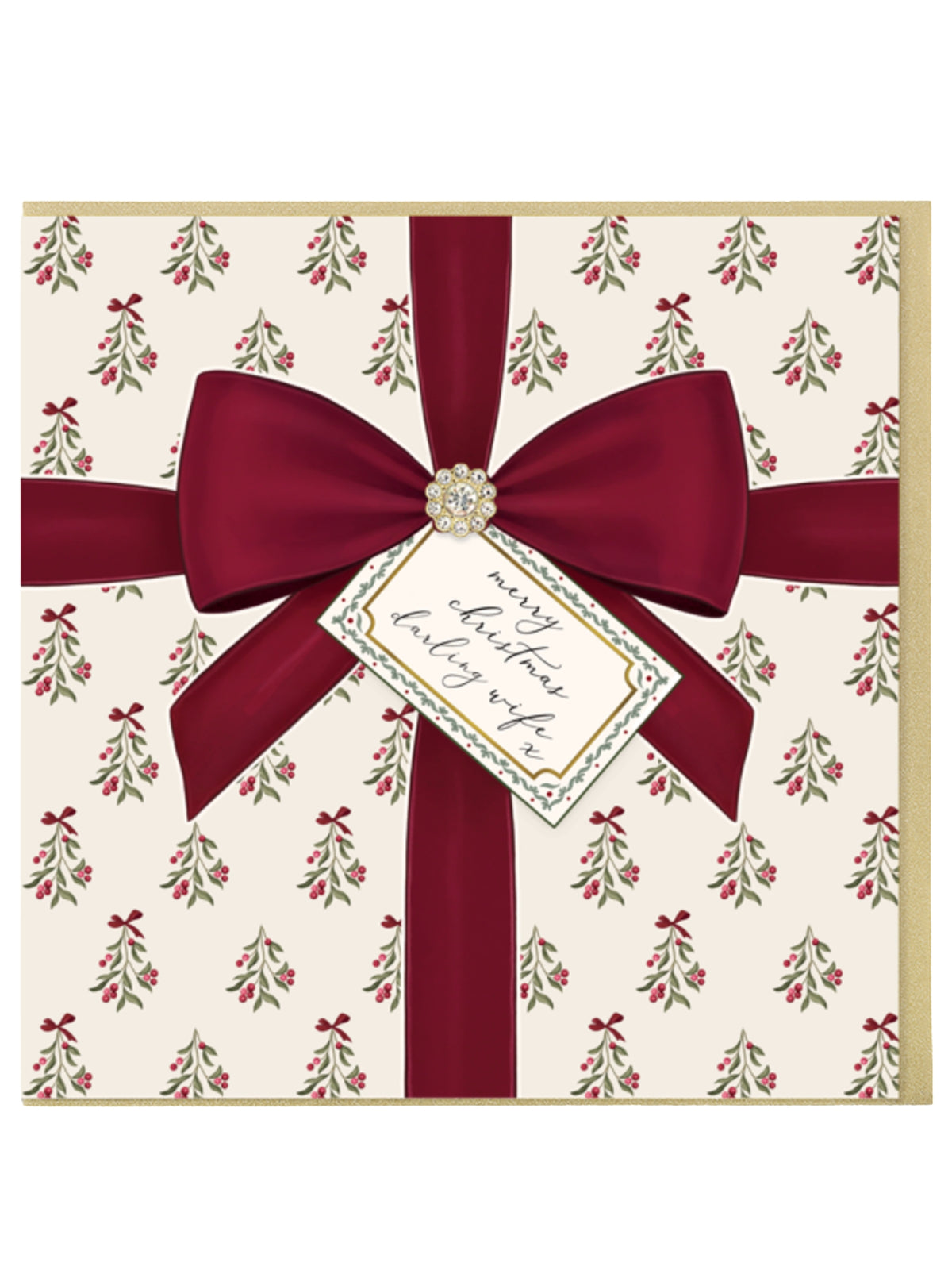 QB26 LRC13 Merry Christmas, Darling Wife Card featuring a present-inspired design with a statement bow, diamanté jewel detail and “Merry Christmas darling wife” gift tag.