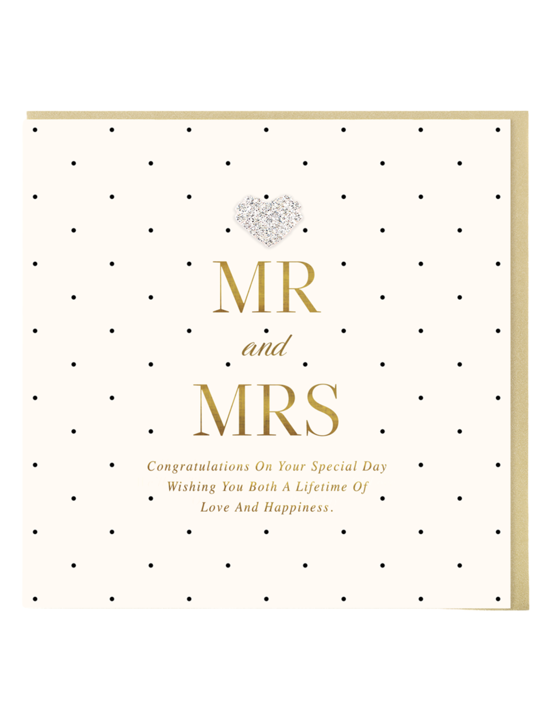 QB26 MDL34 Mr and Mrs Congratulations Card with black polka dots, gold foil text and diamanté heart jewel