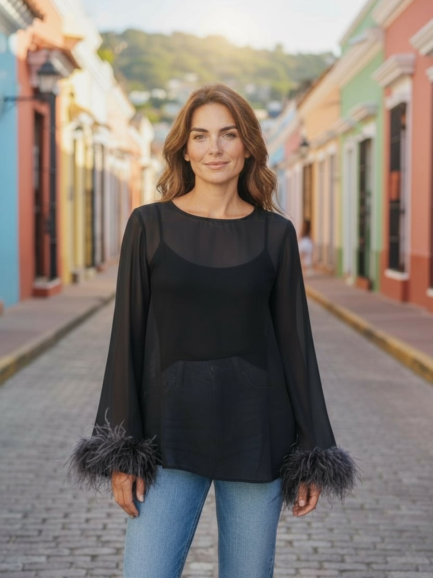 QBAW25 BC Fleur Black Feather Sleeve Sheer Top – black sheer top with feather-trim sleeves, one-size fit 10–16, chic and feminine blouse for party and evening wear.