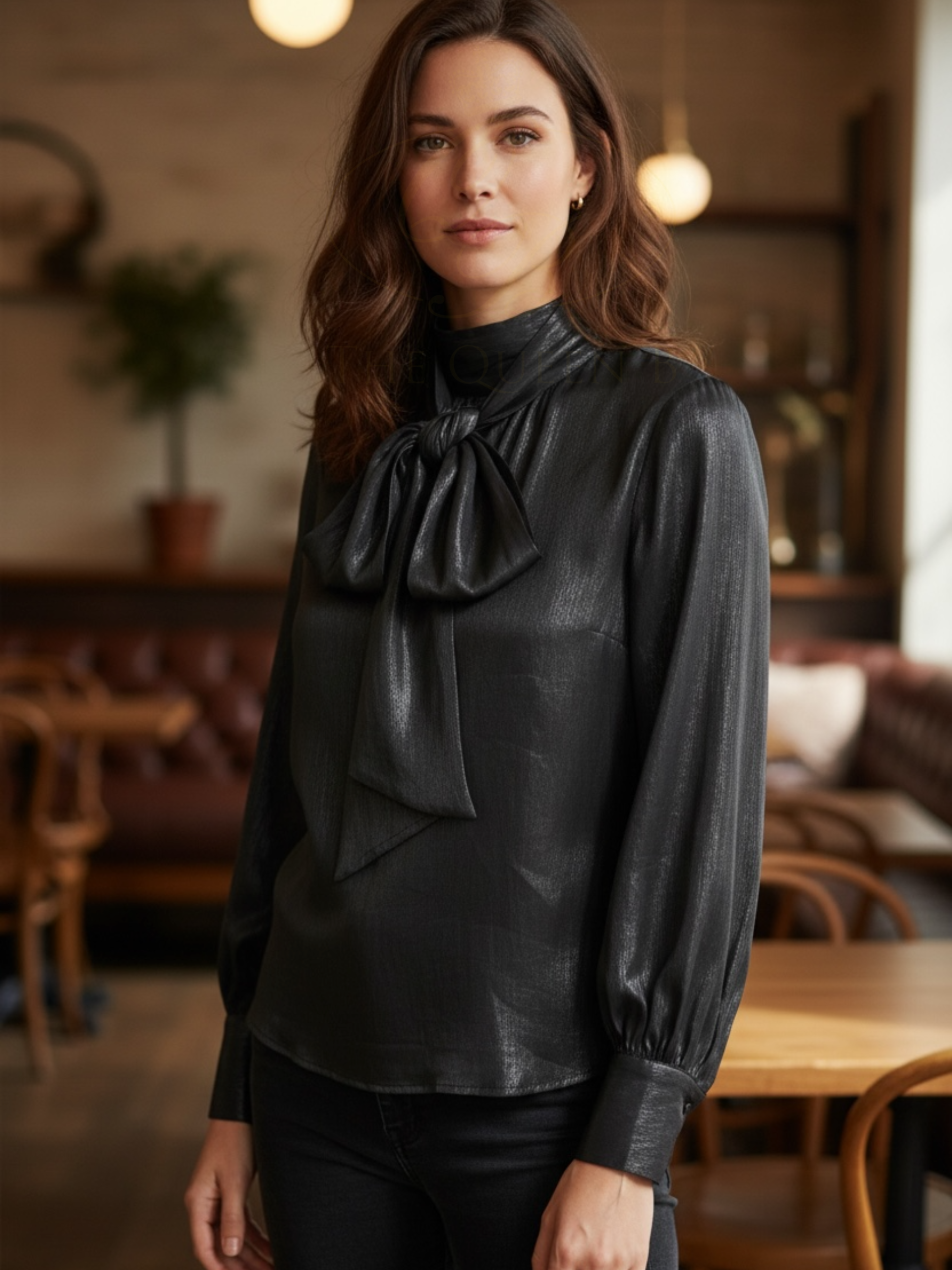 QBAW25 BC Jennifer Black Metallic Shimmer Bow Detailed Blouse with long sleeves and statement bow neckline. Elegant metallic women’s blouse for evening wear, parties and smart casual styling.