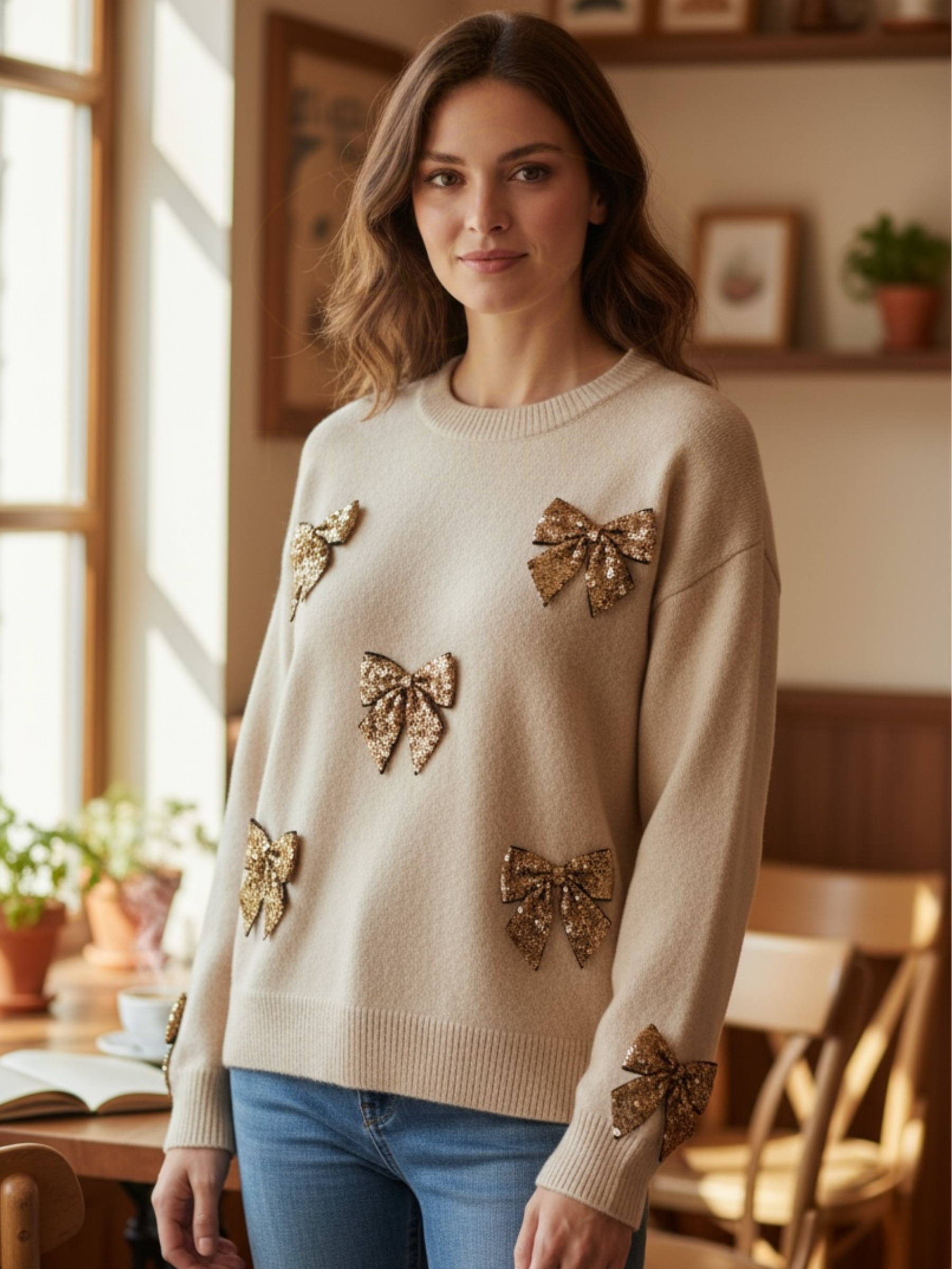 QBAW25 BC Lila Cream sequin bow knit jumper with gold bow embellishments. Chic winter knit for festive and everyday styling.