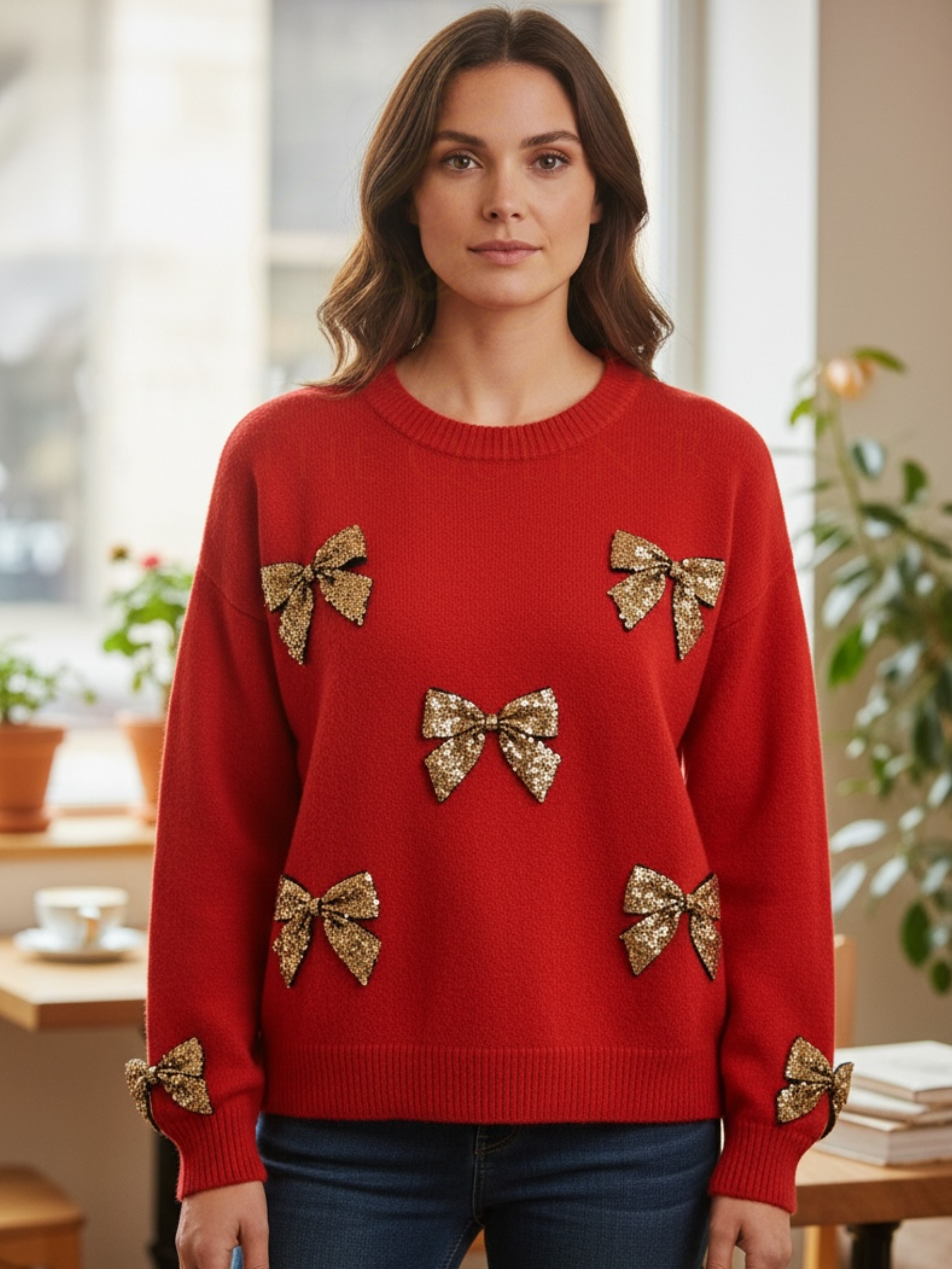 QBAW25 BC Lila Red sequin bow knit jumper with gold bow embellishments. Festive winter knit perfect for Christmas styling.