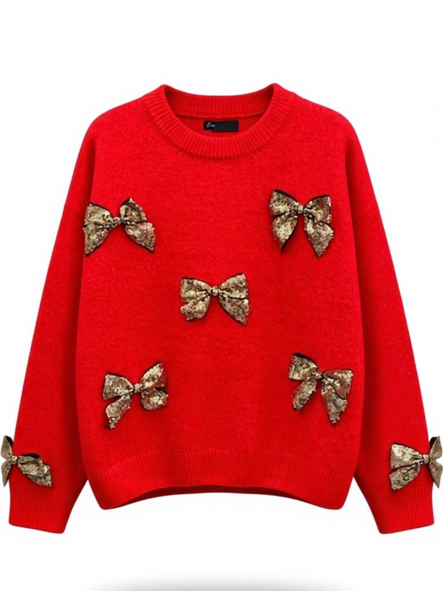 QBAW25 BC Lila Red sequin bow knit jumper with gold bow embellishments. Festive winter knit perfect for Christmas styling.