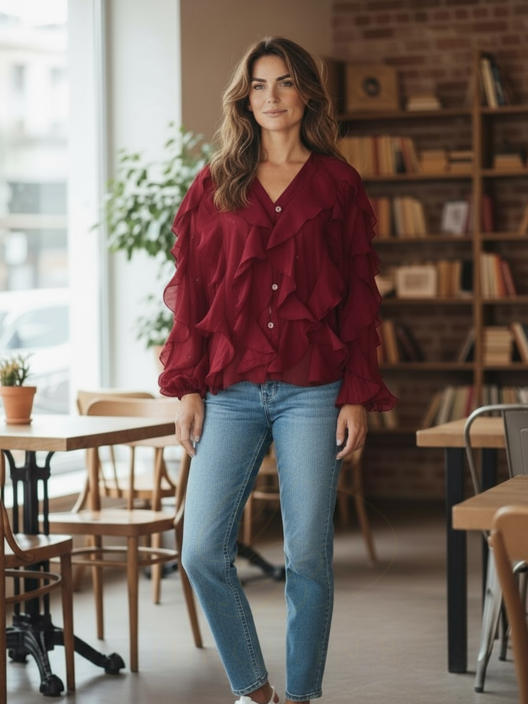 QBAW25 BC Lilly Wine Ruffled Detailed Blouse with layered frills, V-neckline and long sleeves styled with denim for a chic smart-casual look.