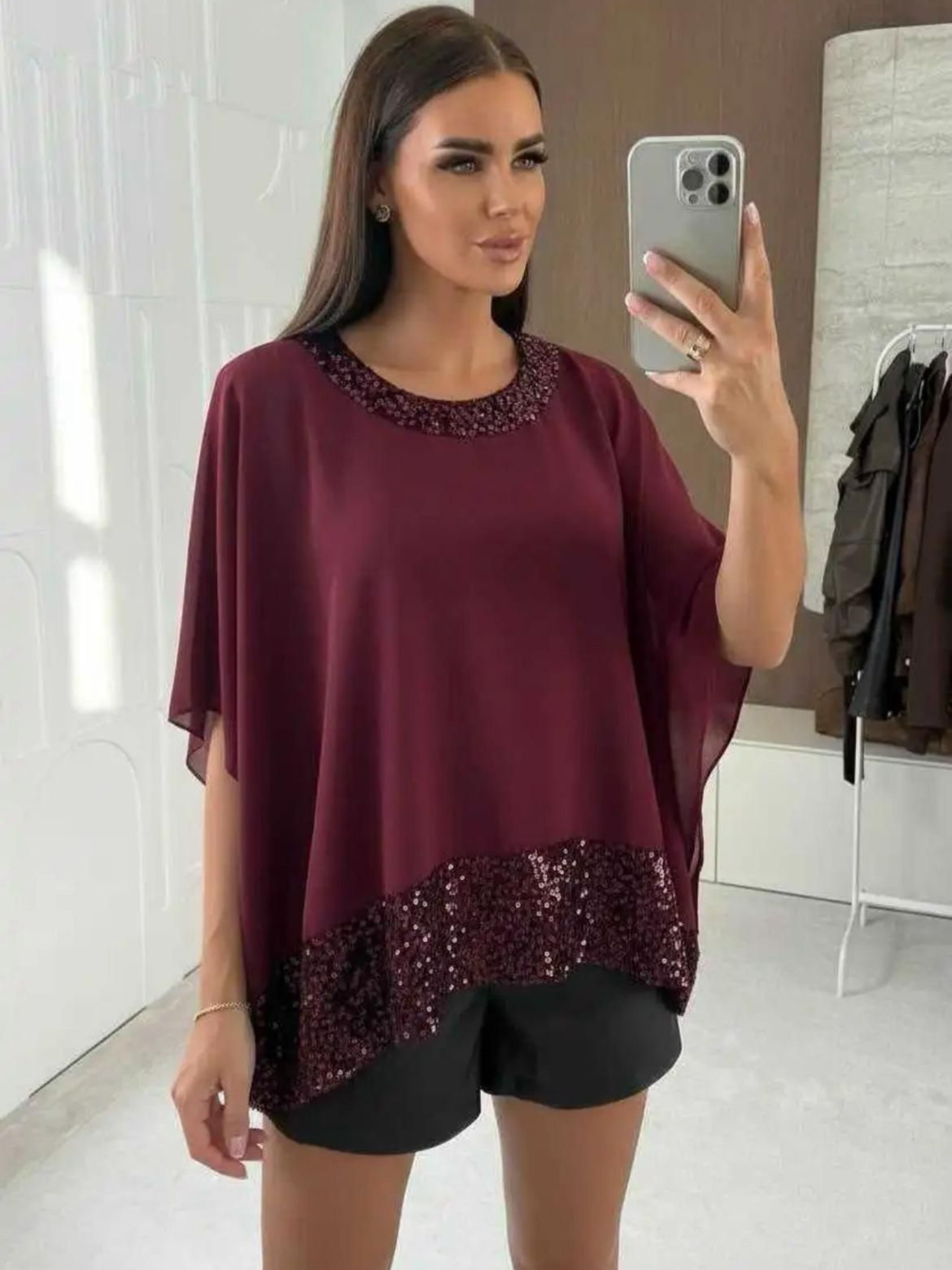 QBAW25 BC Wine Red & Sequin Embellished Mesh Top with sheer mesh sleeves and sequin neckline detailing, perfect for elegant evening outfits and special occasions.