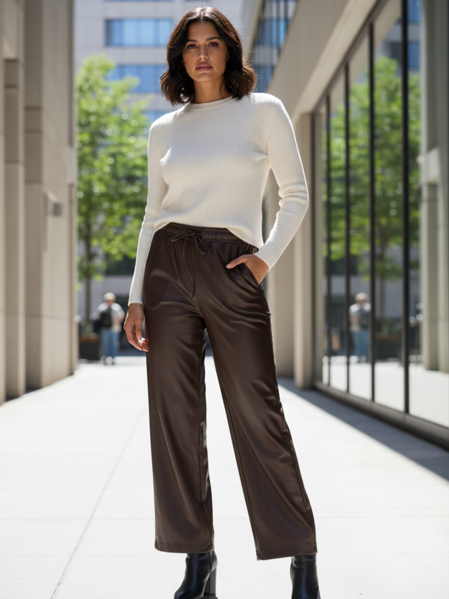 QBAW25 BC Zoey chocolate faux leather women’s wide leg trousers with high-rise waistband and contemporary silhouette.