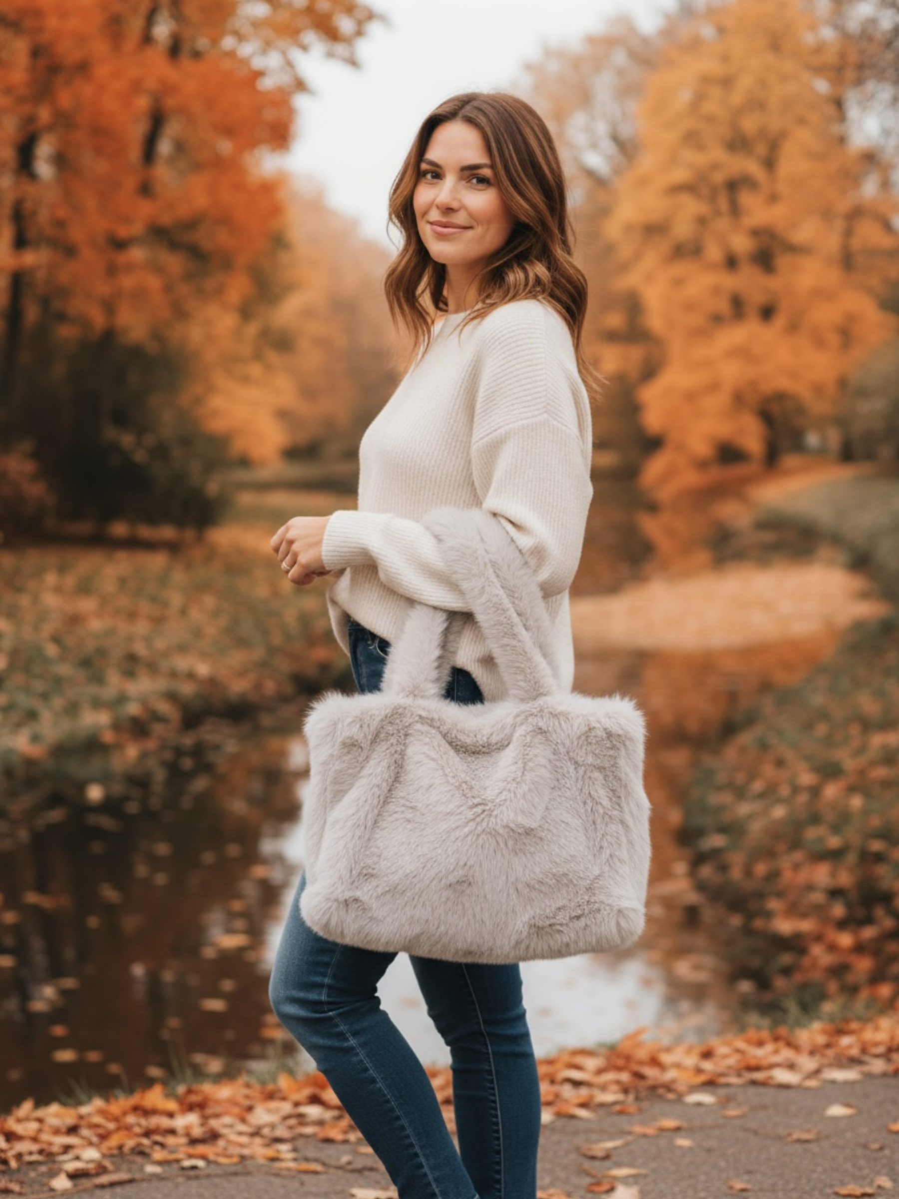 QBAW25 CW B701 Beige Large Fluffy Bag featuring a soft faux fur design with top handles and a spacious interior, perfect for winter styling.