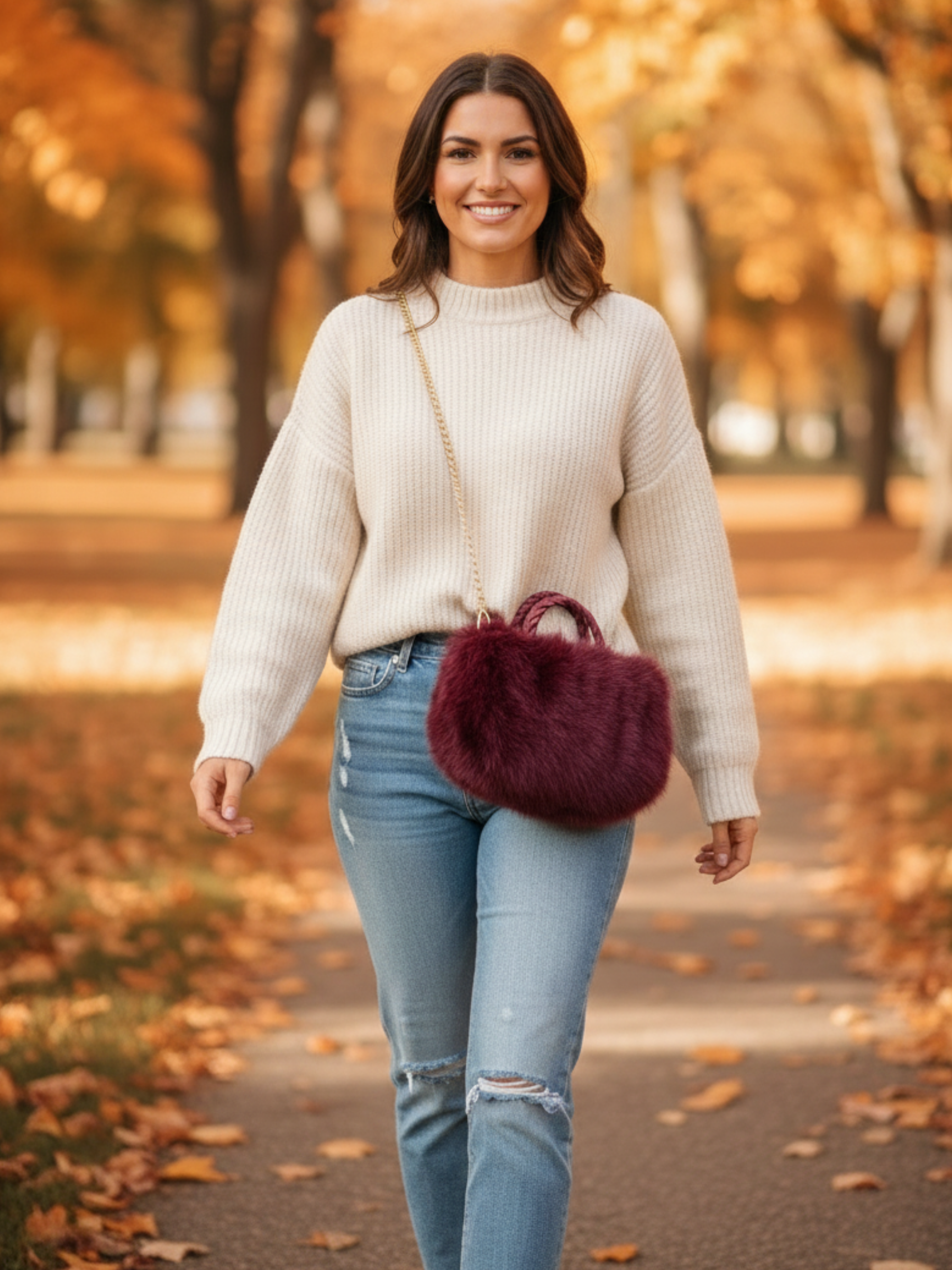 QBAW25 CW B704 Burgundy Small Fluffy Bag featuring soft faux fur, gold chain strap and a compact design for elegant day-to-night styling.