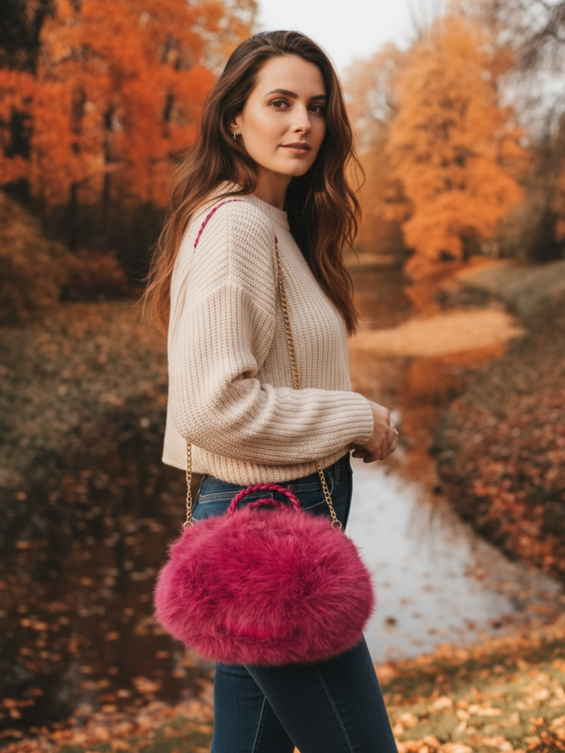 QBAW25 CW B704 Fuchsia Small Fluffy Bag featuring soft faux fur, gold chain strap and a compact design for elegant day-to-night styling.