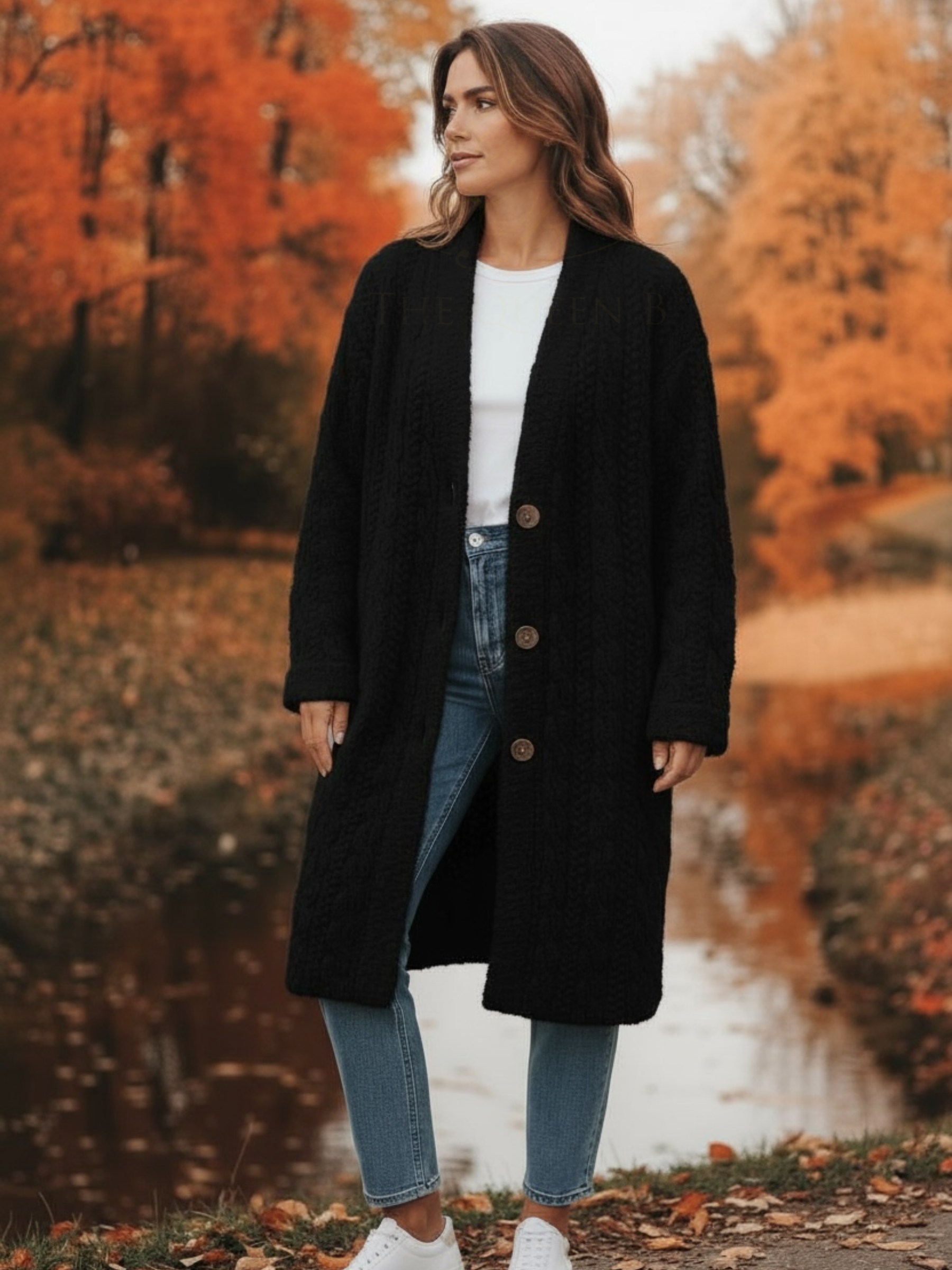 QBAW25 CW C802 Cable Fluffy Coat featuring a soft cable-textured faux fur design, relaxed fit and button fastening.