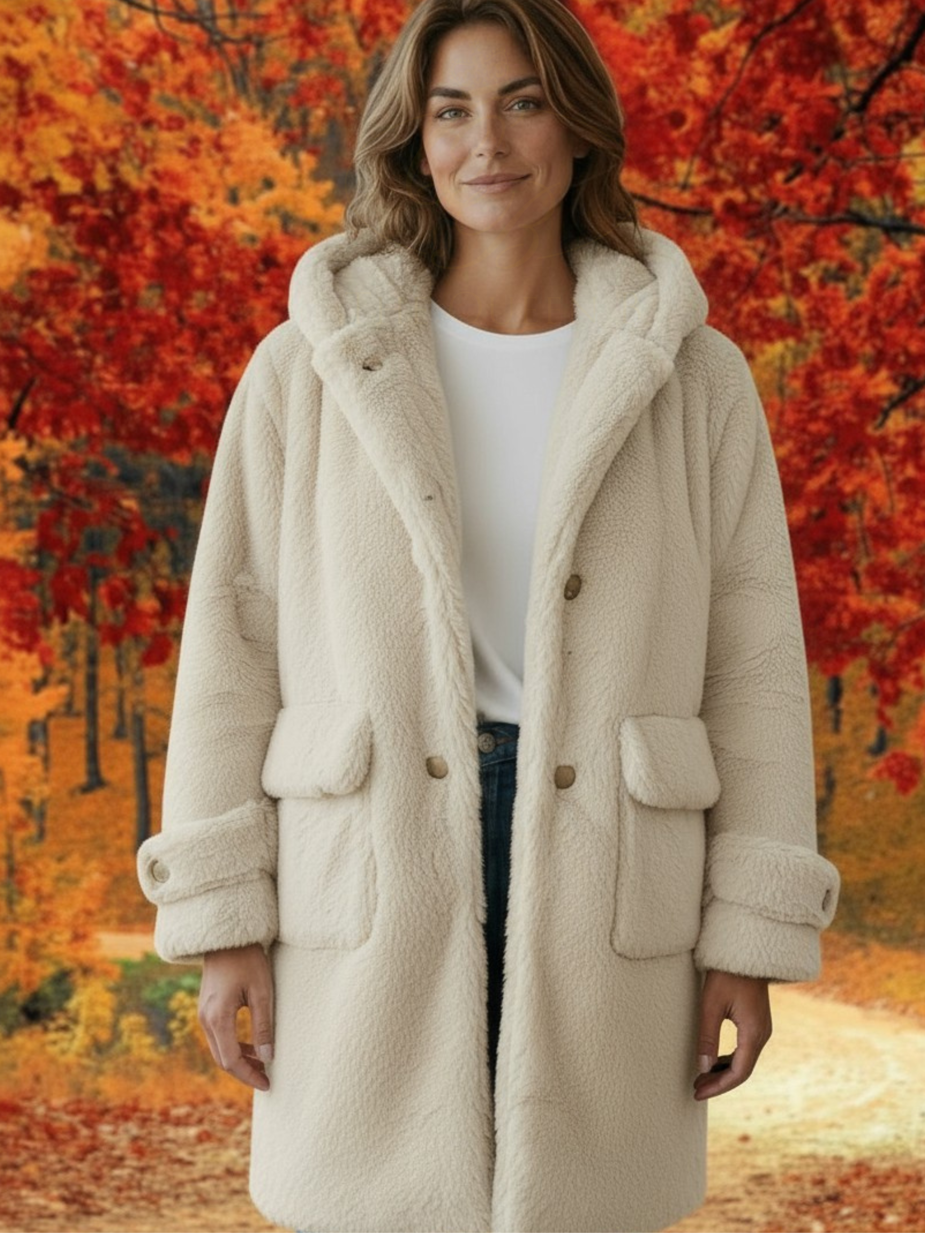 QBAW25 CW C806 Beige Fluffy Hooded Coat featuring a soft faux fur texture, cosy hood and button fastening for warm and stylish winter layering.