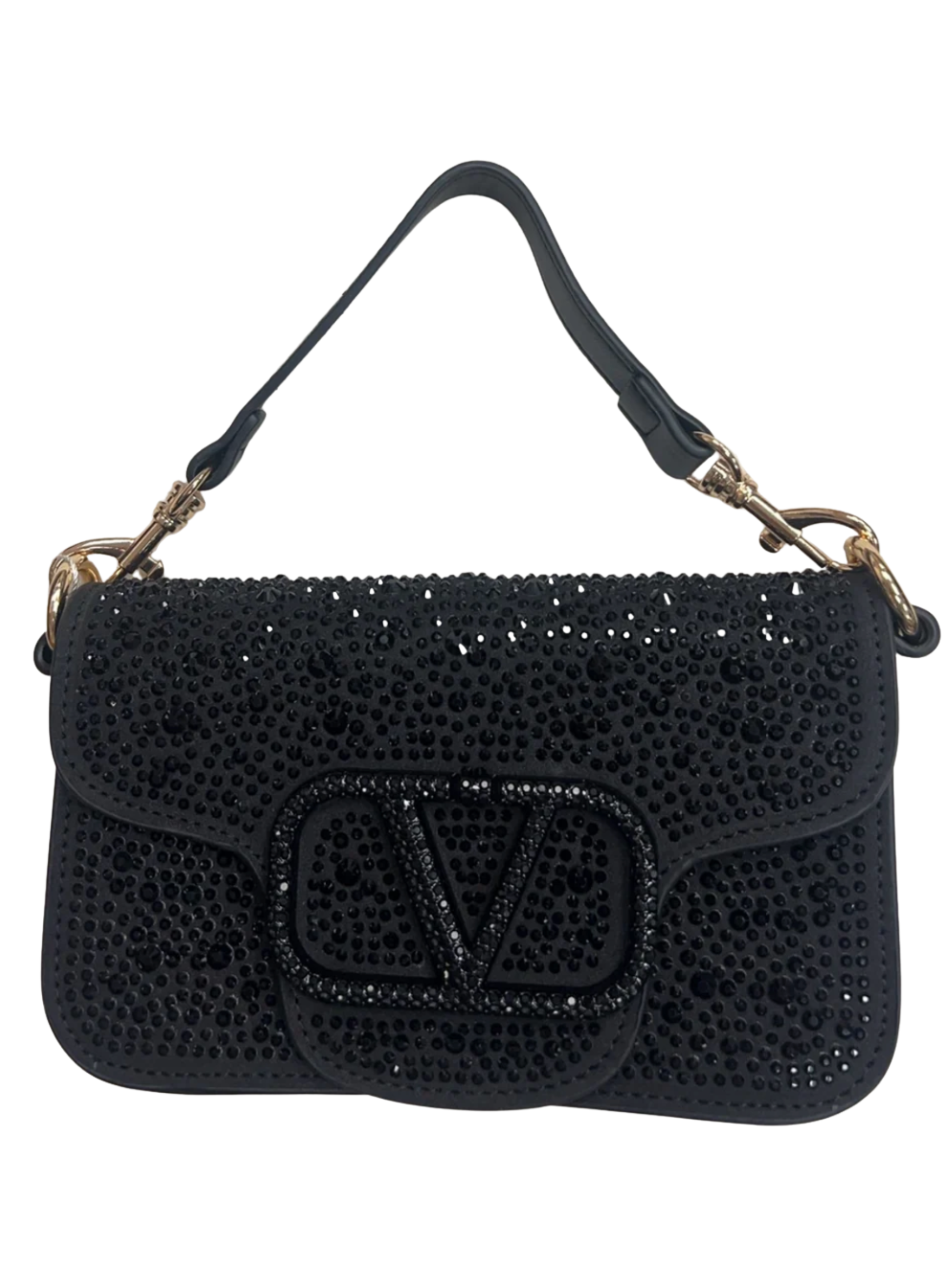 QBAW25 CW CB905 Black Studded Bag – black studded shoulder bag with crystal-embellished V emblem and detachable handle. Perfect for evening wear and glamorous styling.
