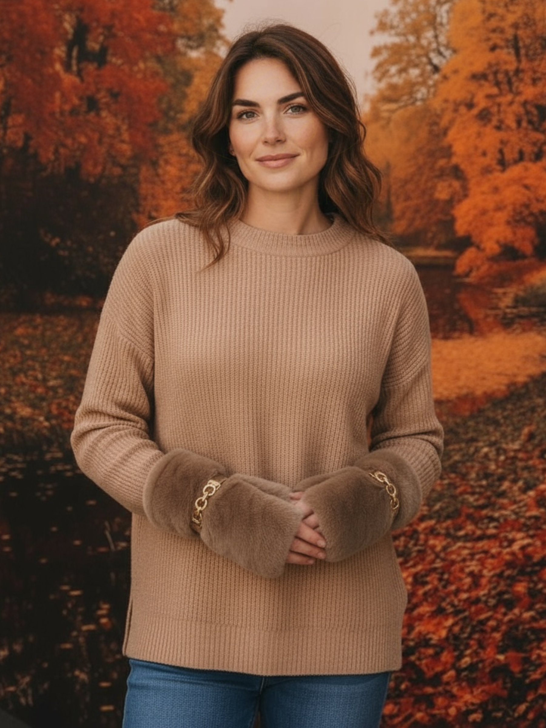 QBAW25 CW GW019 Taupe Fluffy Fingerless Gloves featuring a plush fluffy design and fingerless fit for elegant cold weather style.