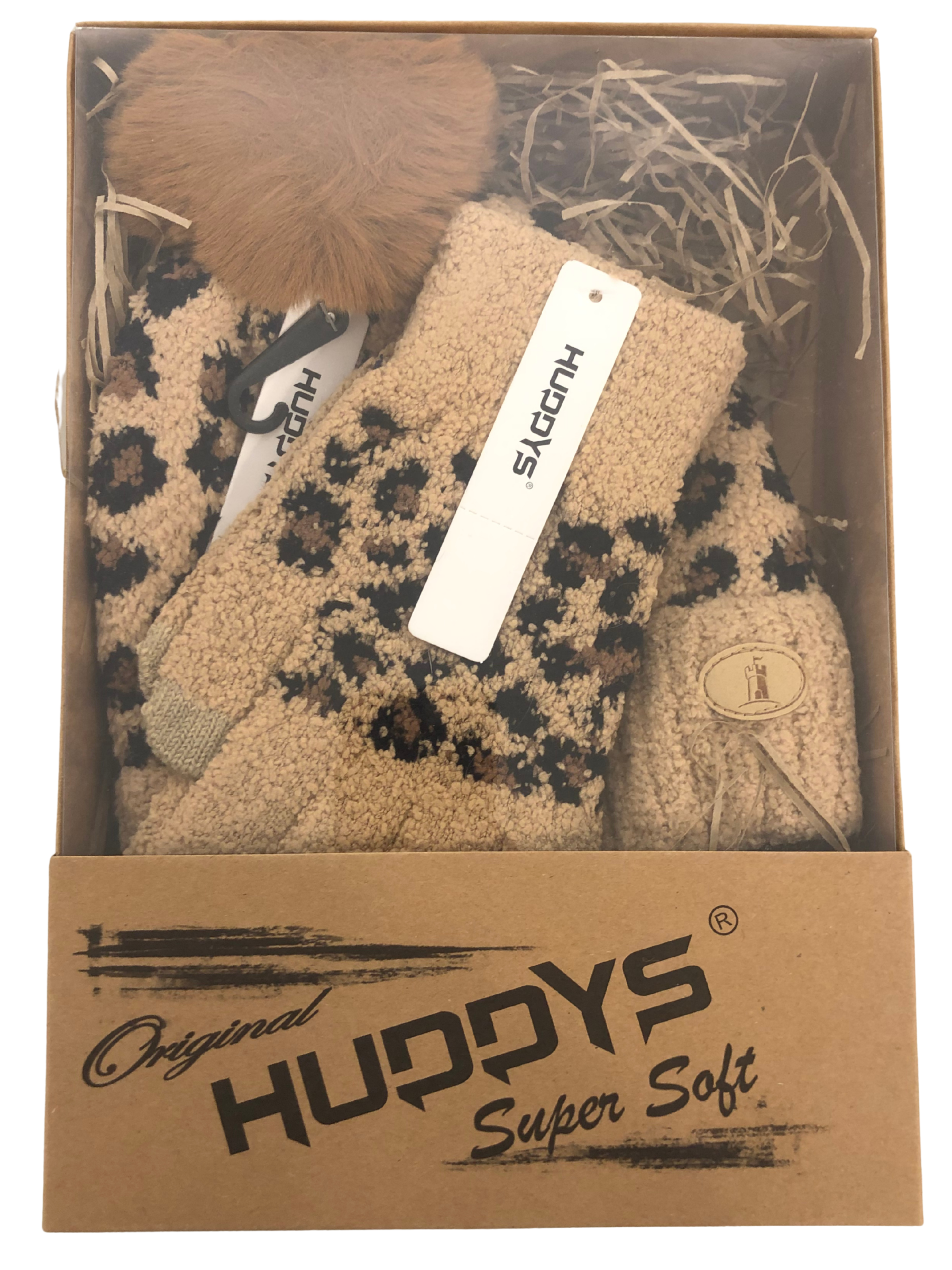 QBAW25 CW H00723 Brown Leopard Hat & Gloves Set – cosy boxed winter set with a soft brown pom-pom hat and matching leopard-print gloves, ideal for warm and stylish cold-weather outfits.