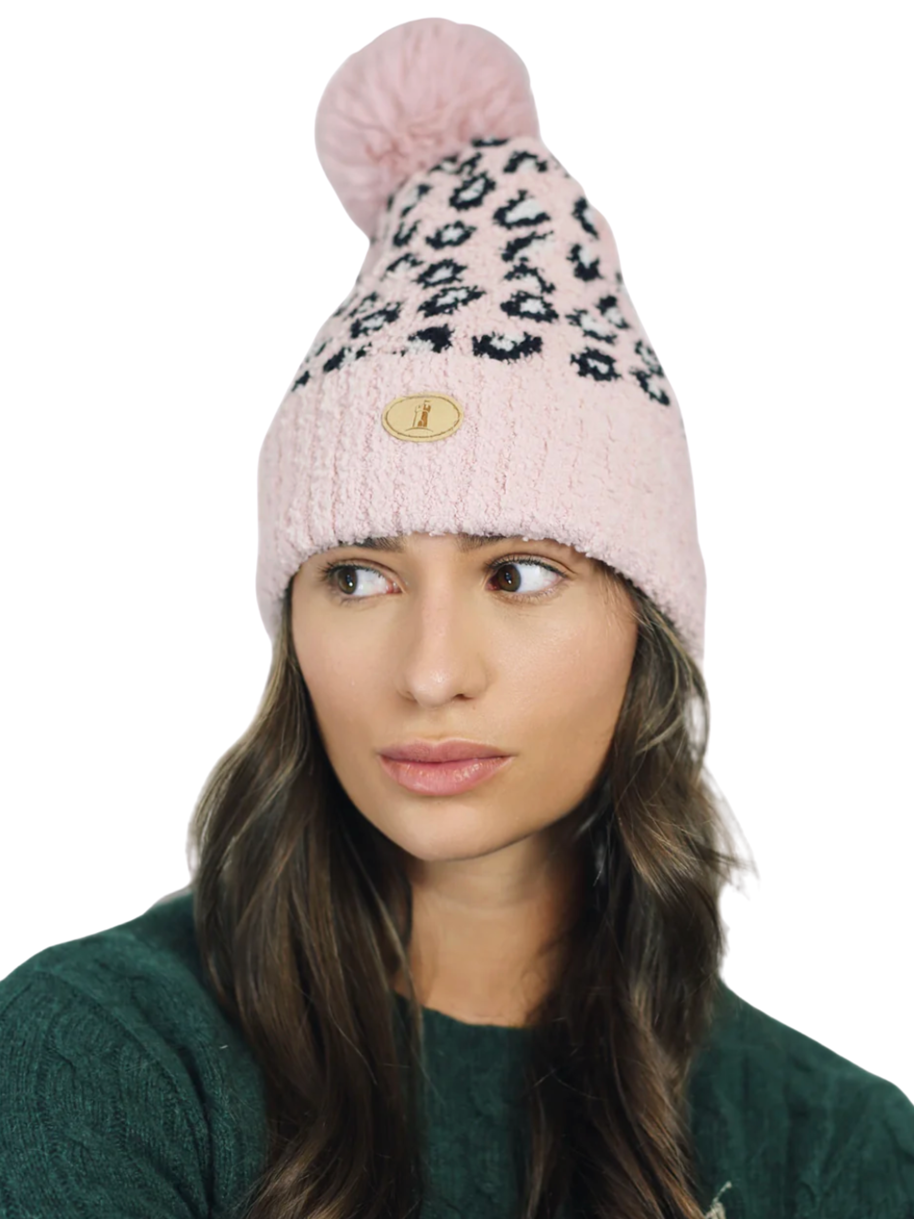 QBAW25 CW H00723 Pink Leopard Hat & Gloves Set – cosy winter gift set featuring a fluffy pink pom-pom hat and matching leopard-print gloves, perfect for stylish cold-weather outfits.