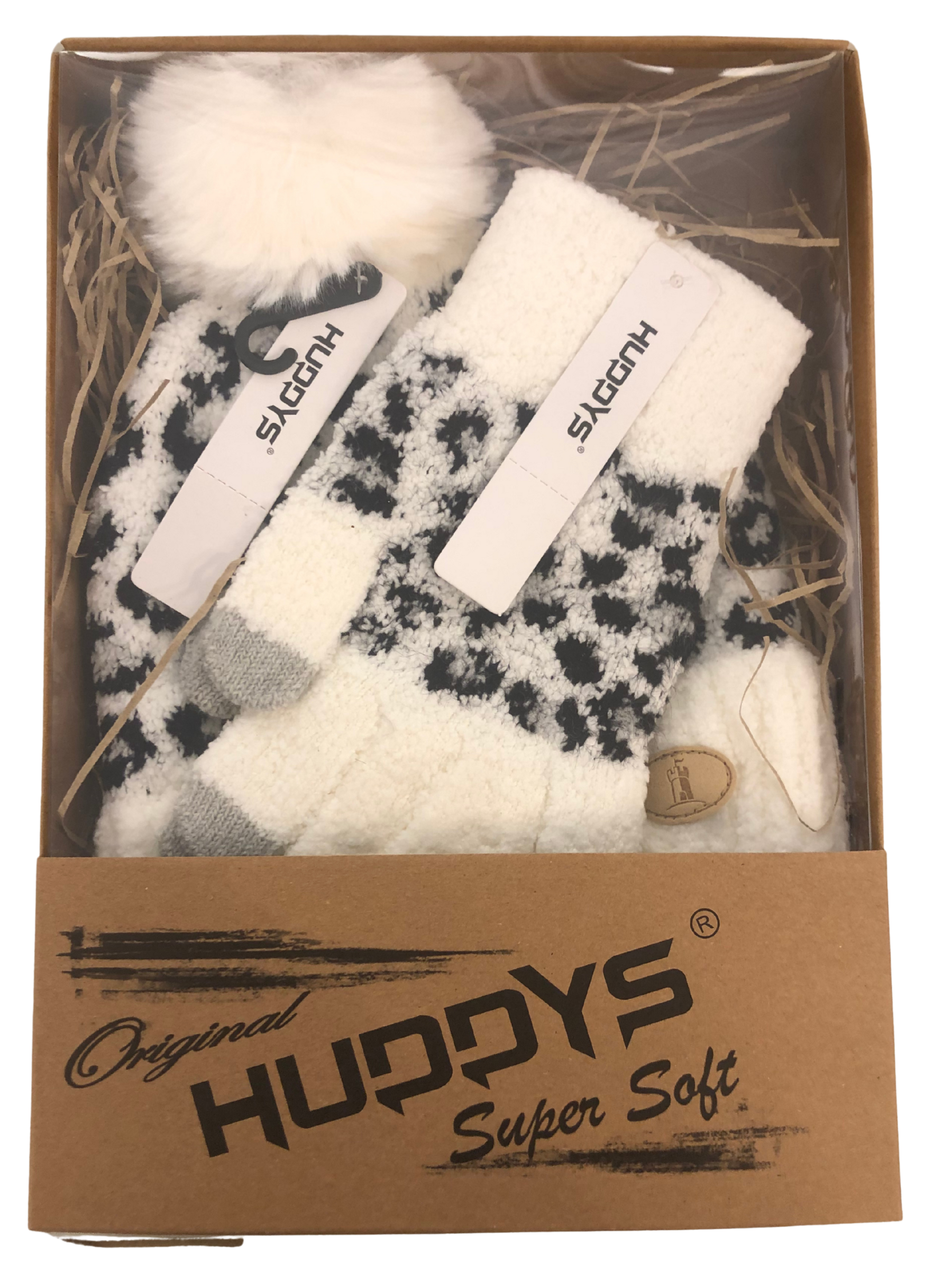 QBAW25 CW H00723 White Leopard Hat & Gloves Set - ultra-soft winter accessory gift set featuring a fluffy white pom-pom hat and matching leopard-print gloves, perfect for cosy cold-weather styling.