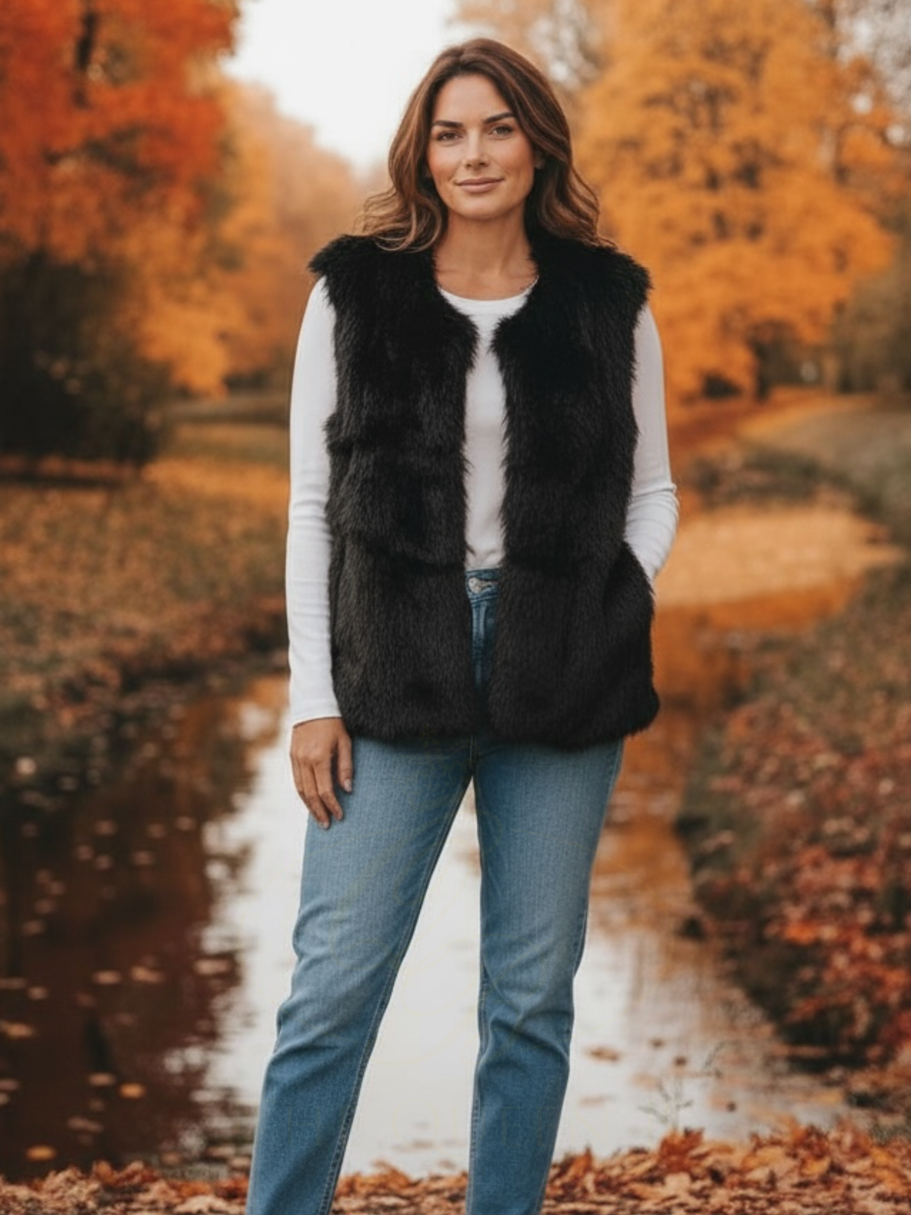 QBAW25 CW VC811 Black Faux Fur Vest Coat with a plush faux fur texture, satin-style lining and sleeveless design, offering a chic and luxurious layering option for autumn and winter.