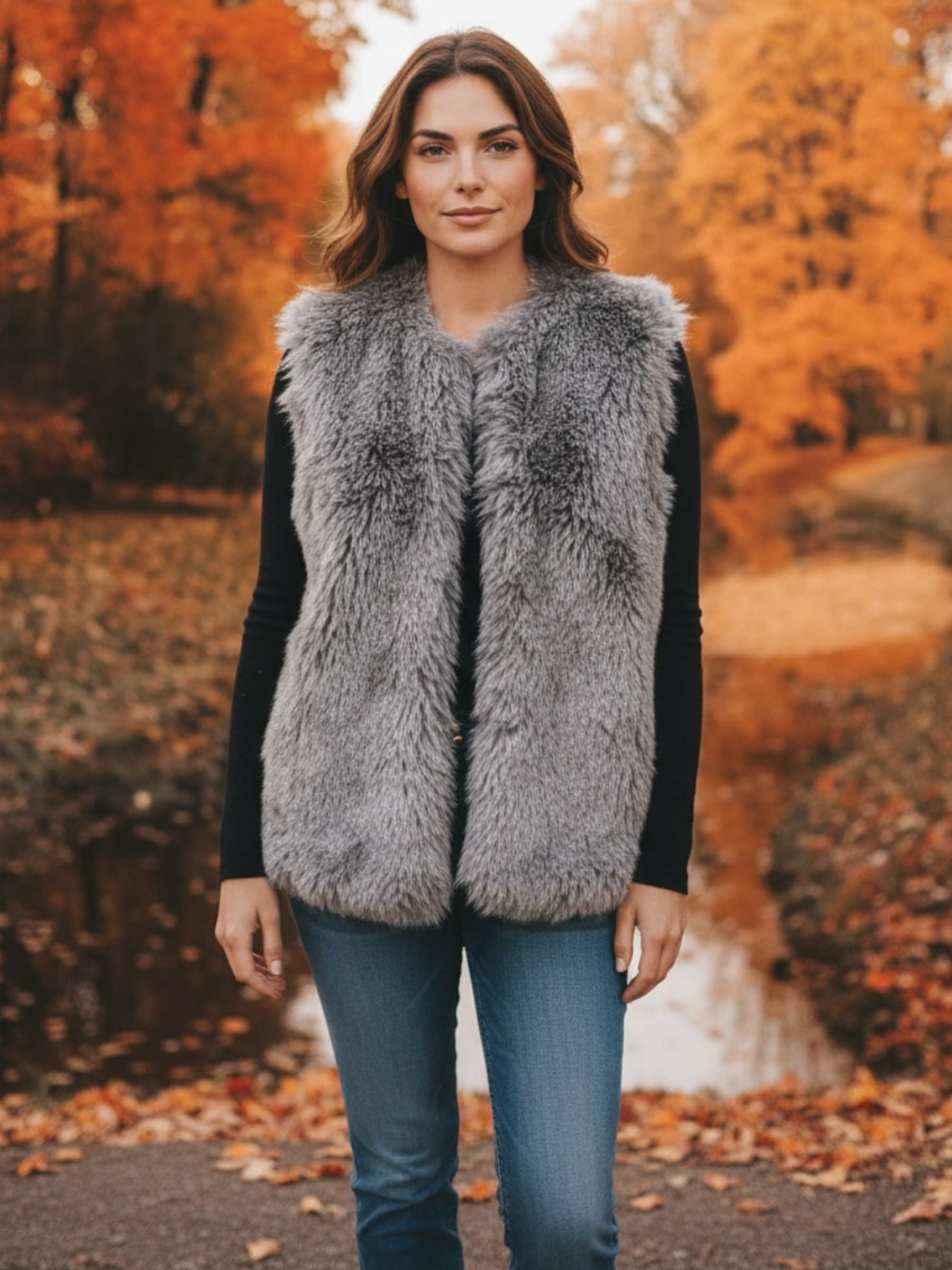 QBAW25 CW VC811 Grey Faux Fur Vest Coat featuring soft faux fur texture, round neckline and sleeveless cut for chic versatile layering.