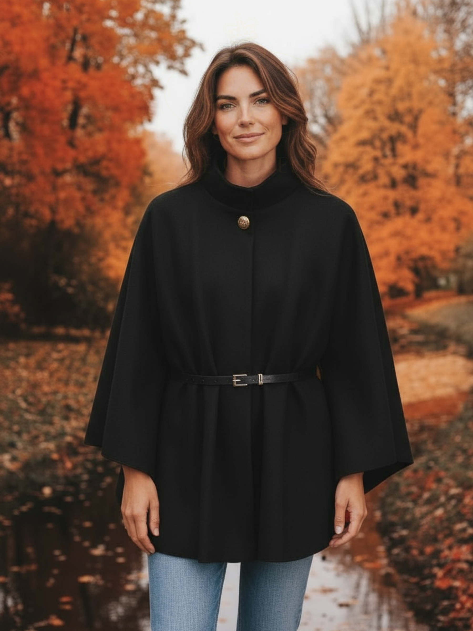 The QBAW25 RR Black Carrie Cape features a structured silhouette with wide sleeves, a high neckline and elegant gold button detailing. Finished with a detachable belt for a flattering fit, this chic cape blends timeless tailoring with modern sophistication - perfect for layering over seasonal outfits.