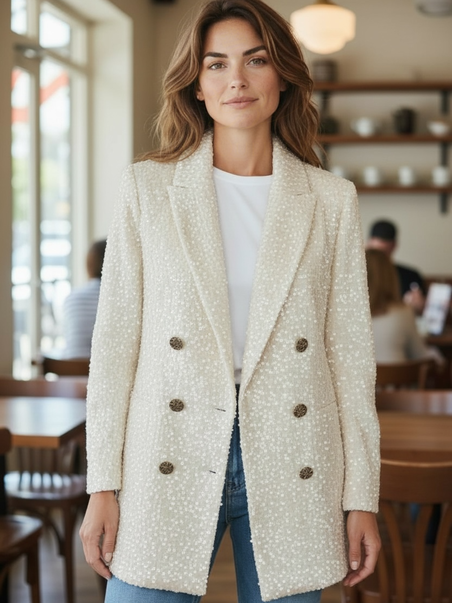 QBAW25 RR Cream Bliss Blazer – a glamorous wine-red sequin blazer with a tailored double-breasted fit, perfect for festive occasions, evening styling and chic winter outfits.