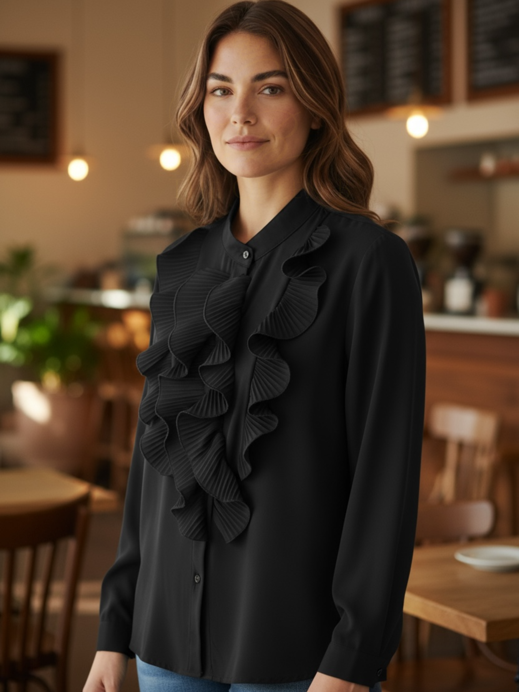 The Queen B Felicity Blouse featuring cascading pleated frills, a button-through front and elegant long sleeves for timeless, sophisticated style.