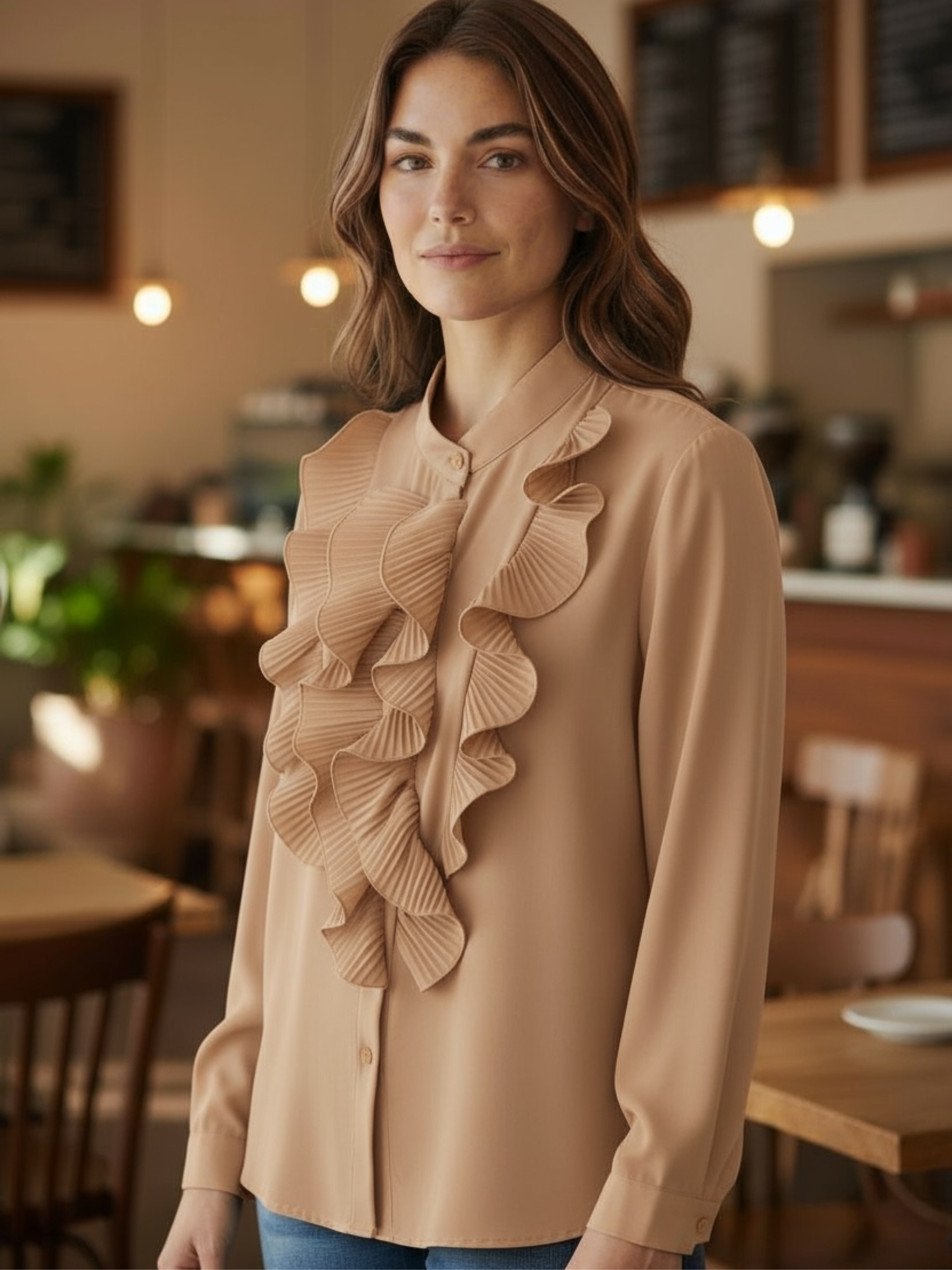 The Queen B Felicity Blouse featuring cascading pleated frills, a button-through front and elegant long sleeves for timeless, sophisticated style.
