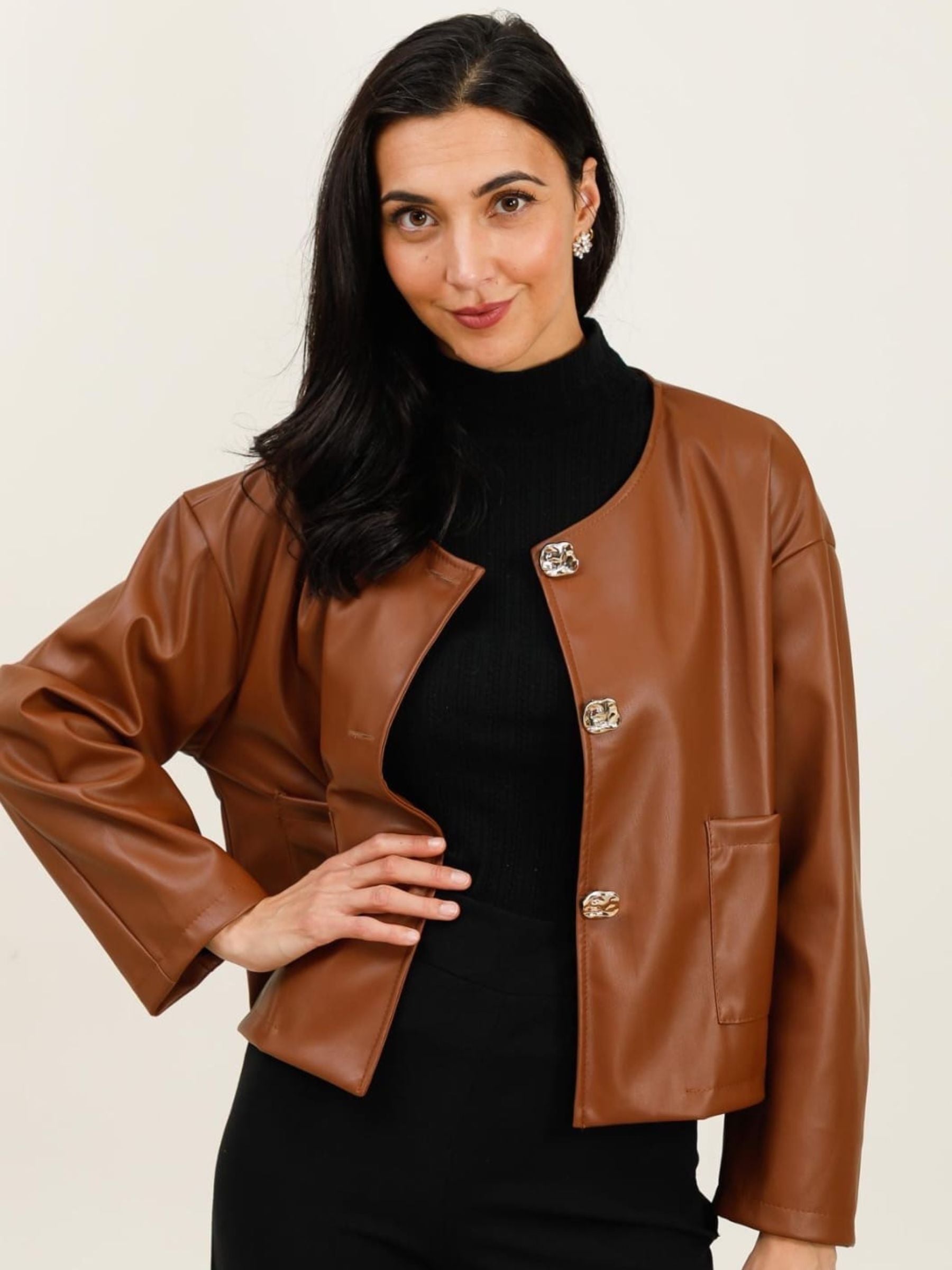 QBAW25 RR Penny Jacket in tan with statement button fastenings, cropped silhouette and pocket detail, also available in wine.