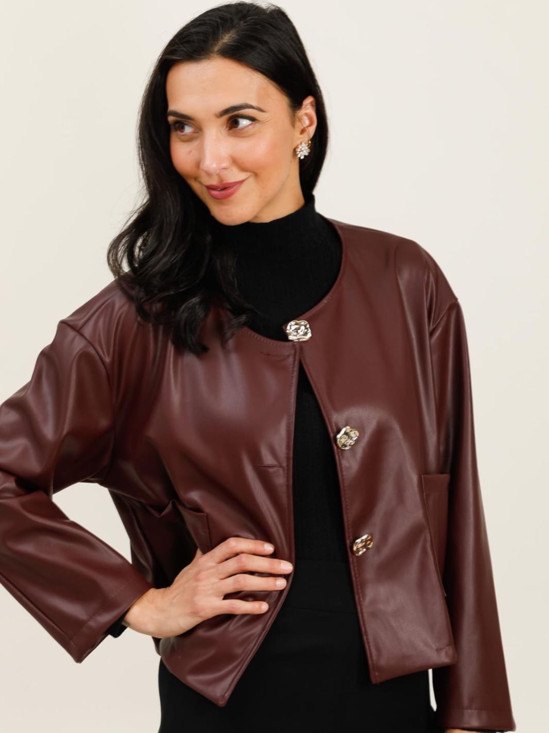 QBAW25 RR Penny Jacket in tan with statement button fastenings, cropped silhouette and pocket detail, also available in wine.
